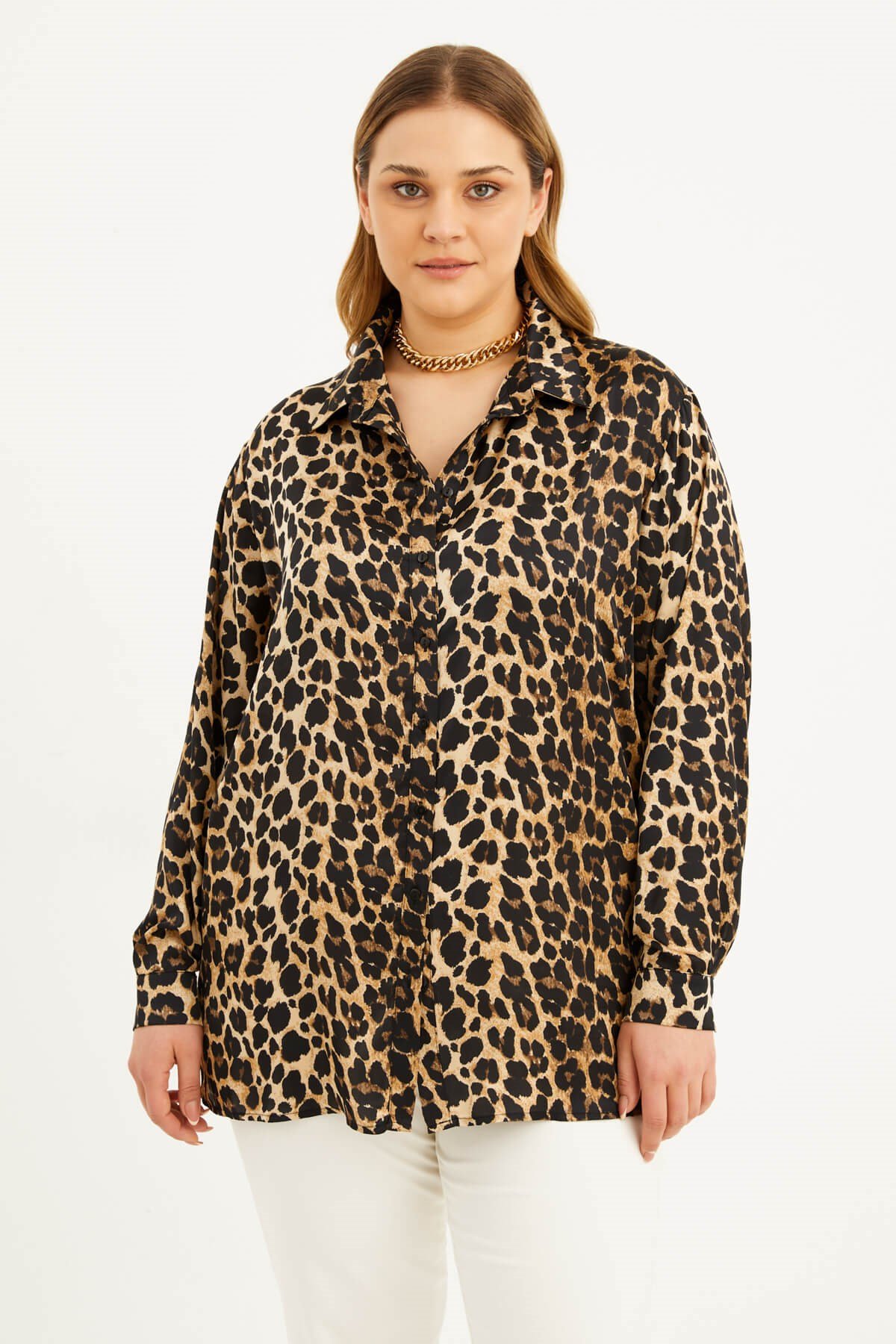 Myline-Saten Uzun Kollu Gömlek -Büyük Beden Gömlek-77340