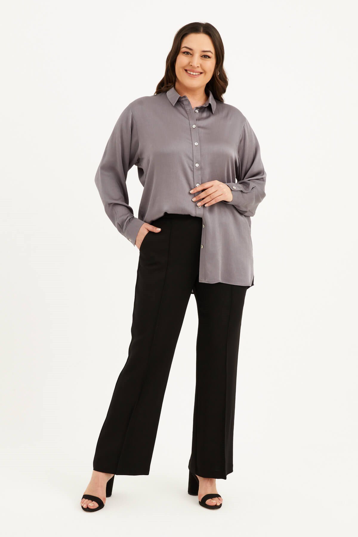 Myline-Saten Uzun Kollu Gömlek -Büyük Beden Gömlek-77552