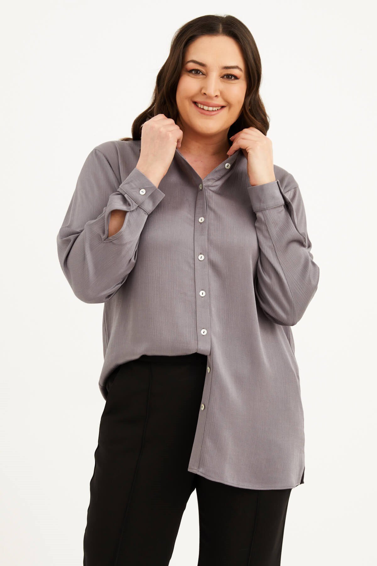 Myline-Saten Uzun Kollu Gömlek -Büyük Beden Gömlek-77552