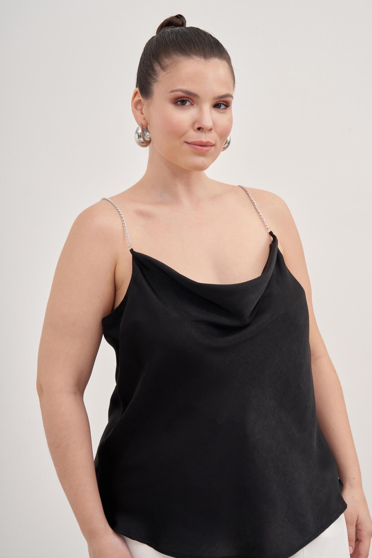 Myline-Saten Zincirli Degaje Yaka Bluz-Büyük Beden Bluz-88004