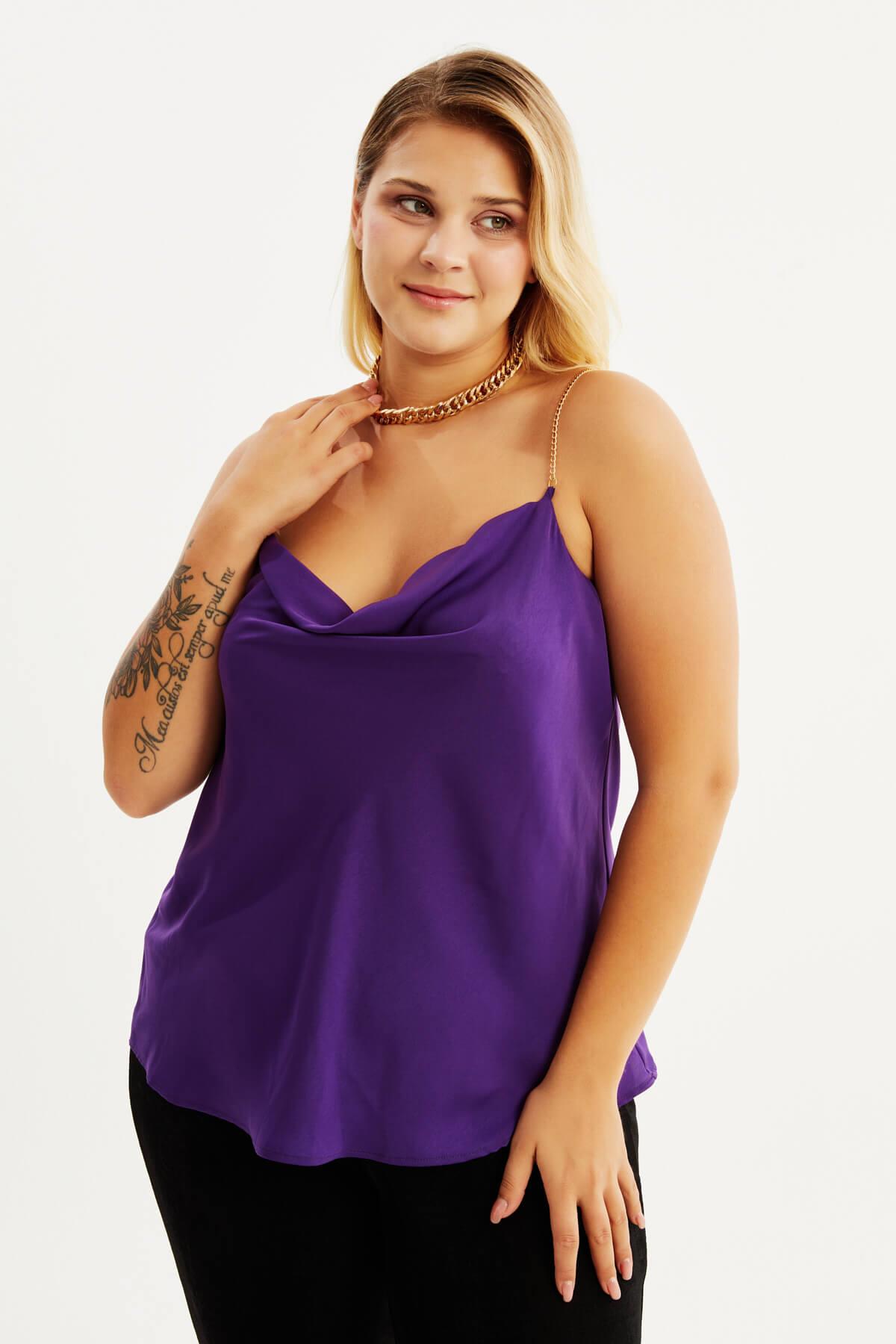 Myline-Saten Zincirli Degaje Yaka Bluz-Büyük Beden Bluz-88003