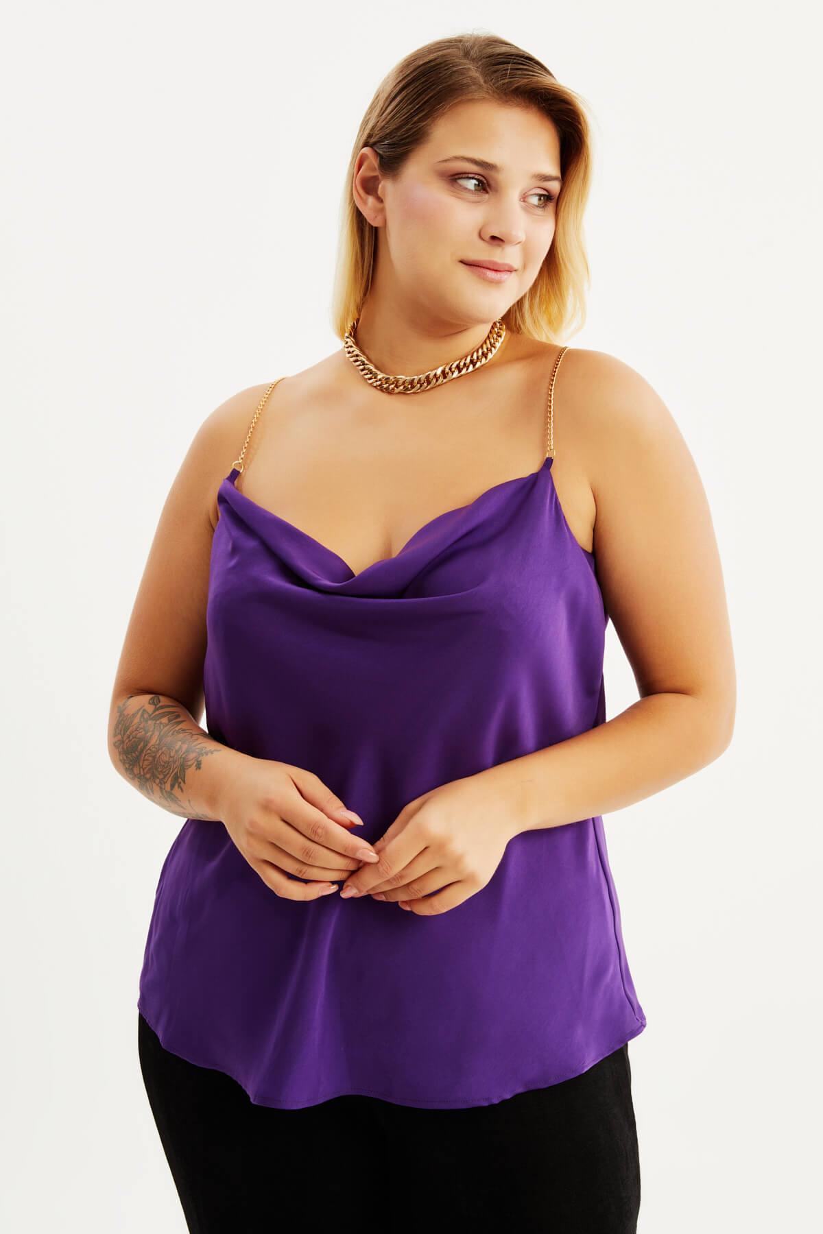 Myline-Saten Zincirli Degaje Yaka Bluz-Büyük Beden Bluz-88003