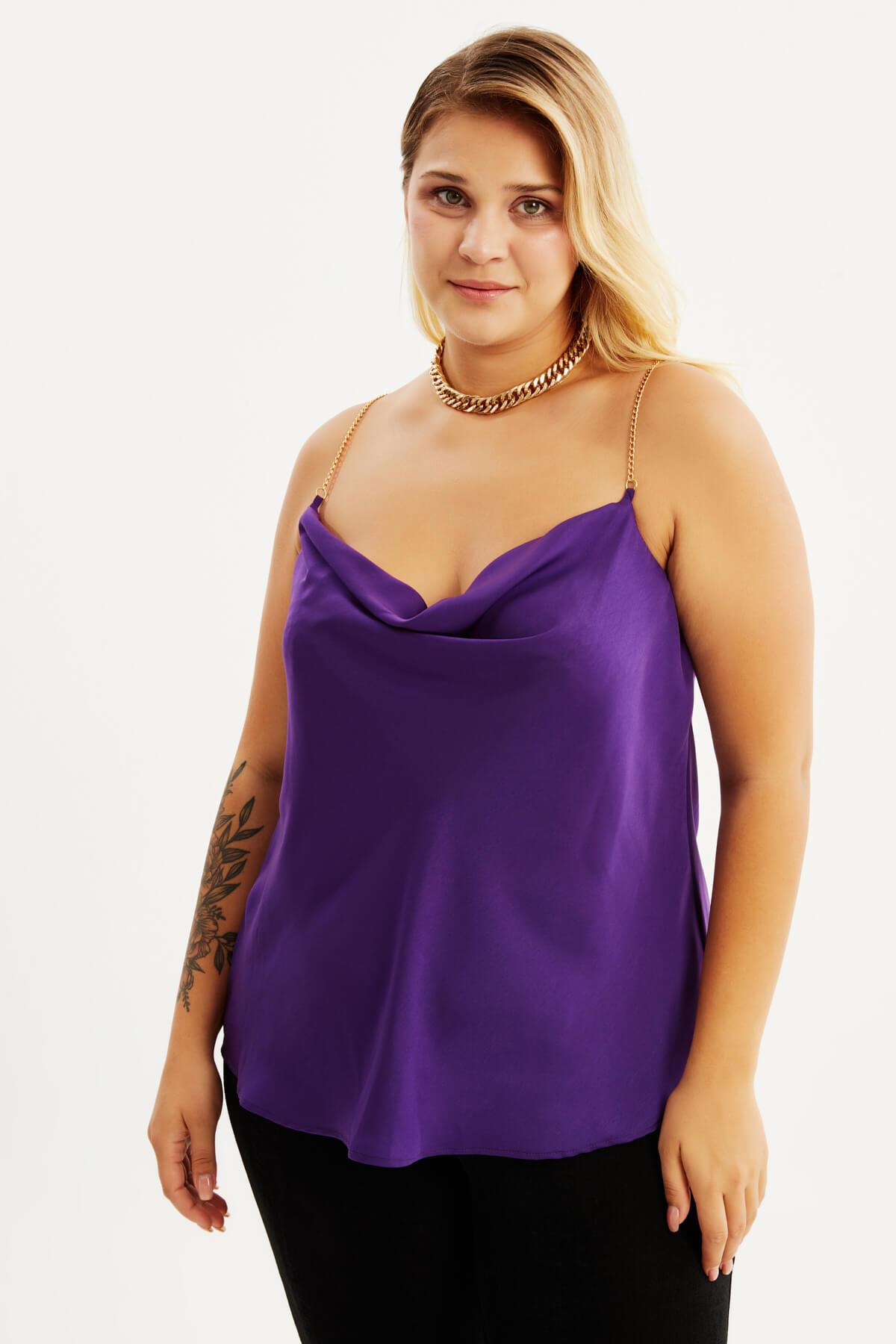 Myline-Saten Zincirli Degaje Yaka Bluz-Büyük Beden Bluz-88003