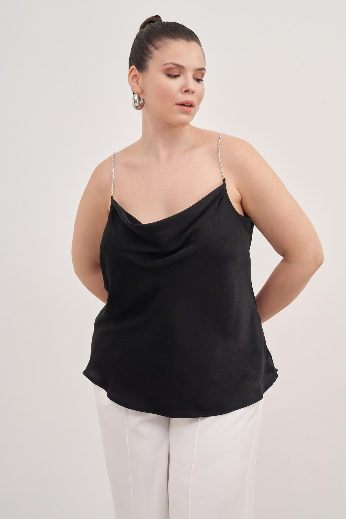 Myline-Saten Zincirli Degaje Yaka Bluz-Büyük Beden Bluz-88004