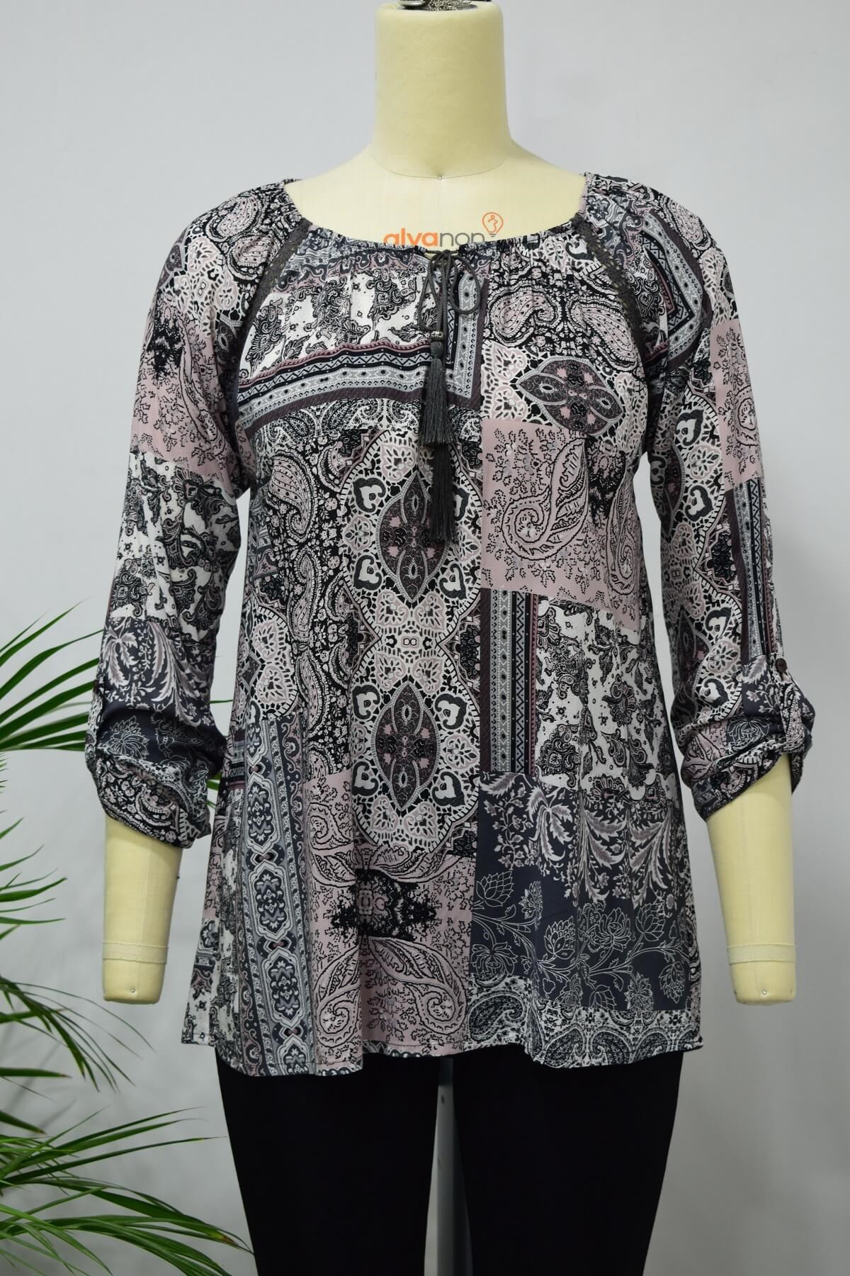 Myline-Şerit Detaylı Bağcıklı Bluz-Büyük Beden Outlet-56229