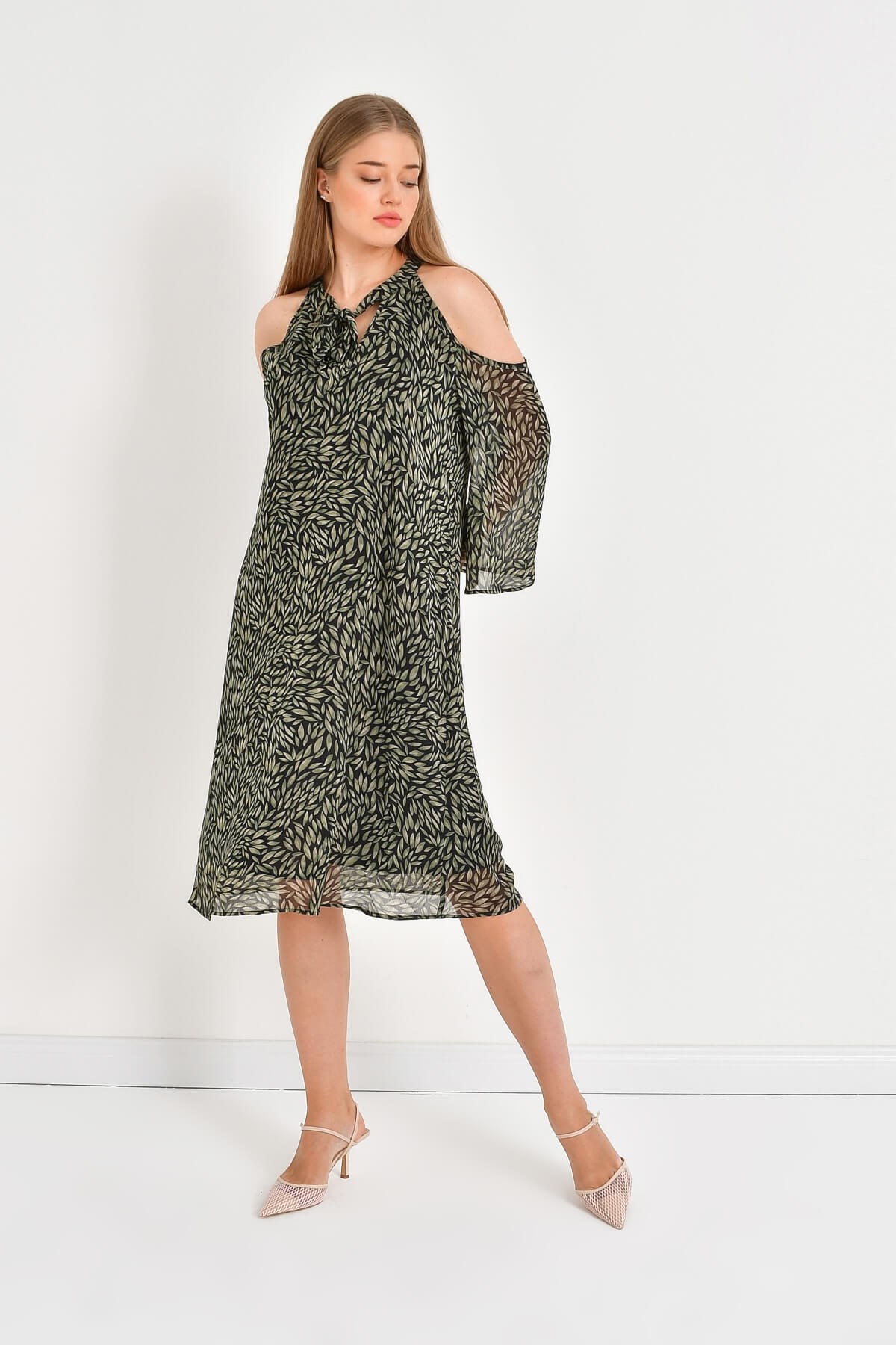 Myline-Şifon Bağlama Detaylı Elbise-Büyük Beden Elbise-45935