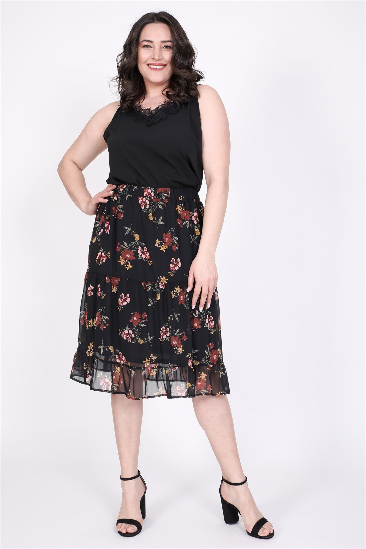 Myline-Şifon Çiçekli Etek-Büyük Beden Günlük Elbiseler-35191