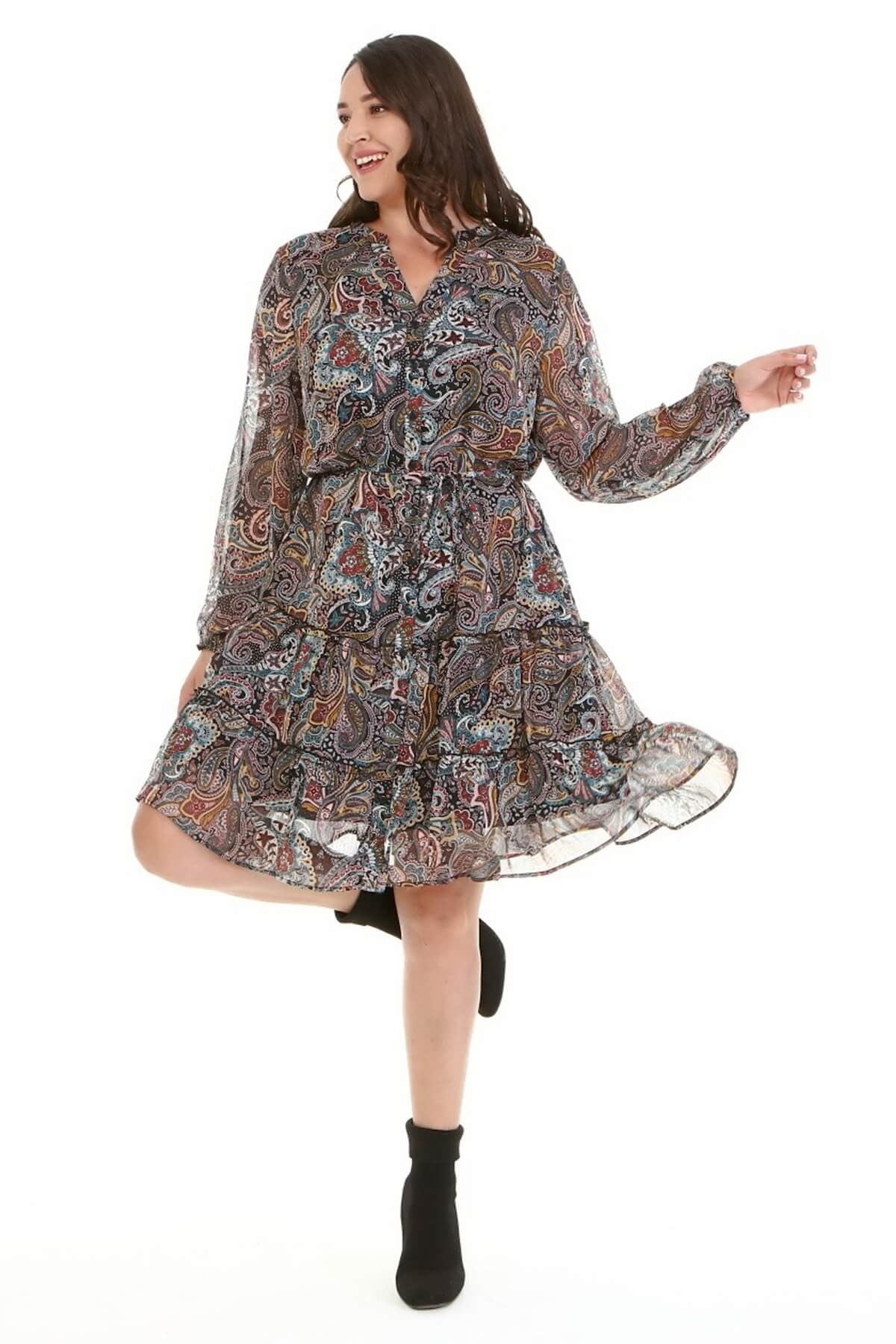 Myline-Şifon Fırfır Detaylı Kuşaklı Elbise-Büyük Beden Günlük Elbiseler-77104