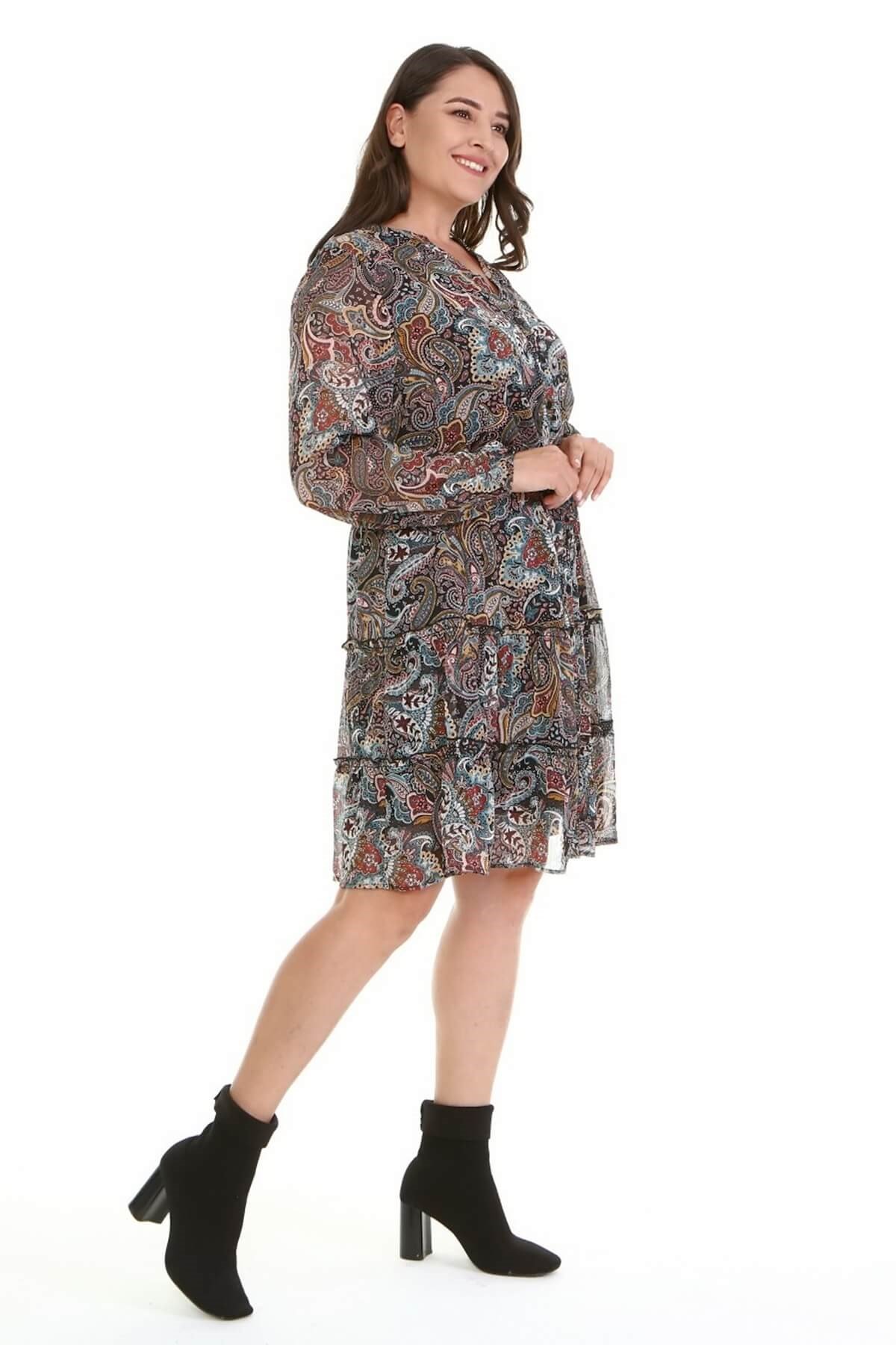 Myline-Şifon Fırfır Detaylı Kuşaklı Elbise-Büyük Beden Günlük Elbiseler-77104