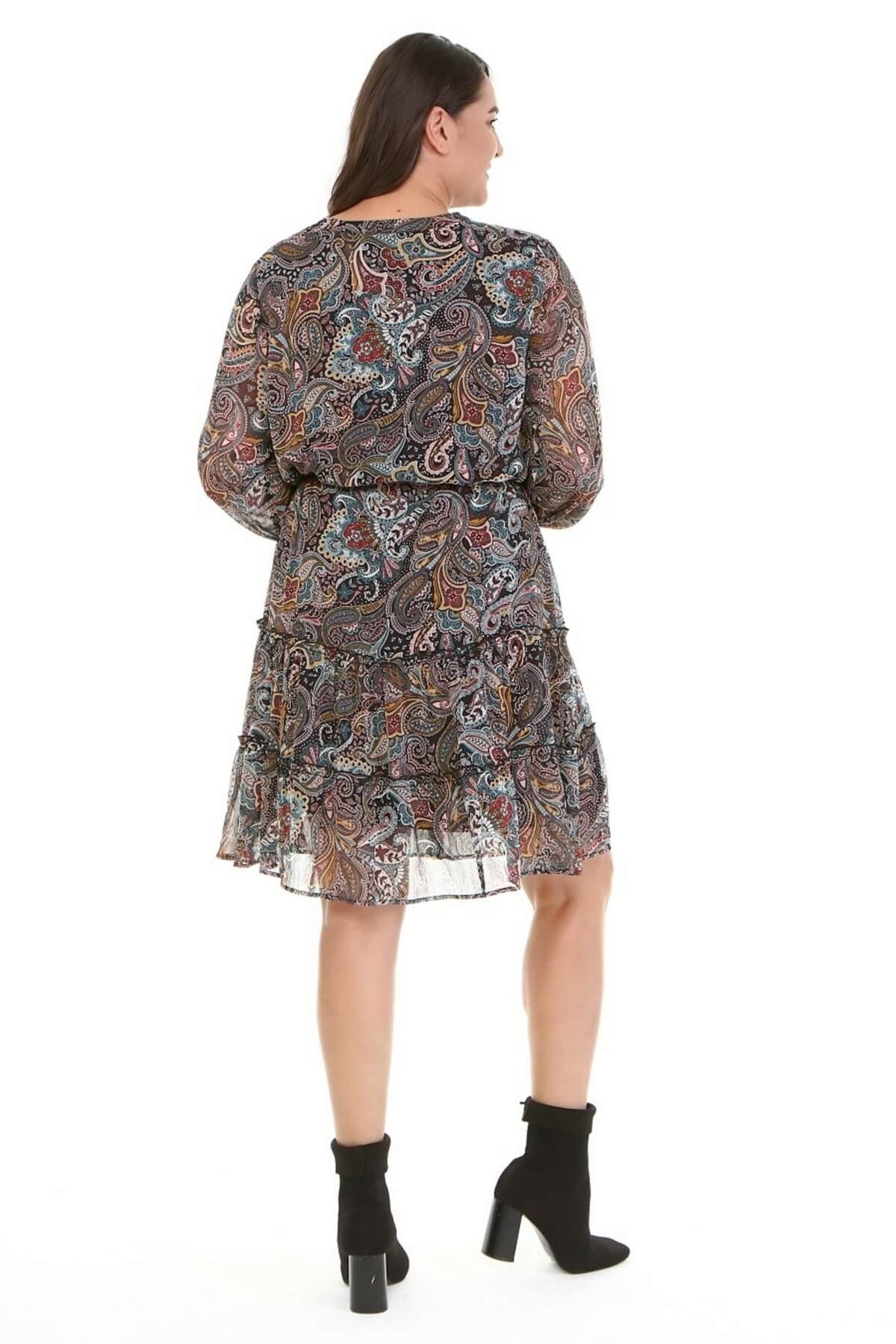 Myline-Şifon Fırfır Detaylı Kuşaklı Elbise-Büyük Beden Günlük Elbiseler-77104