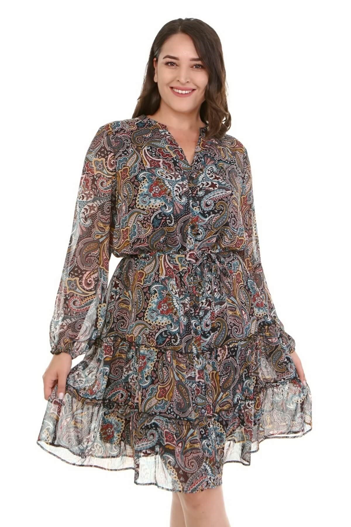 Myline-Şifon Fırfır Detaylı Kuşaklı Elbise-Büyük Beden Günlük Elbiseler-77104