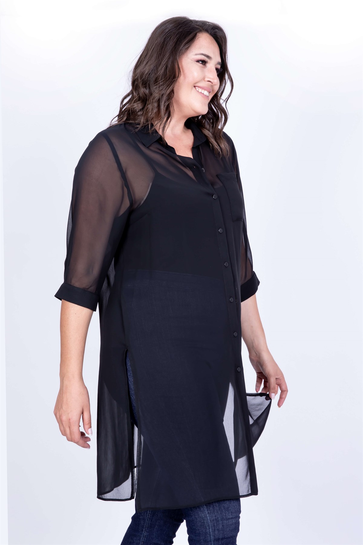 Myline-Şifon Uzun Gömlek-Büyük Beden Gömlek-35184