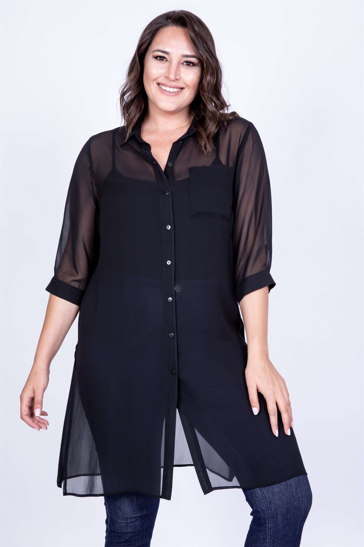 Myline-Şifon Uzun Gömlek-Büyük Beden Gömlek-35184