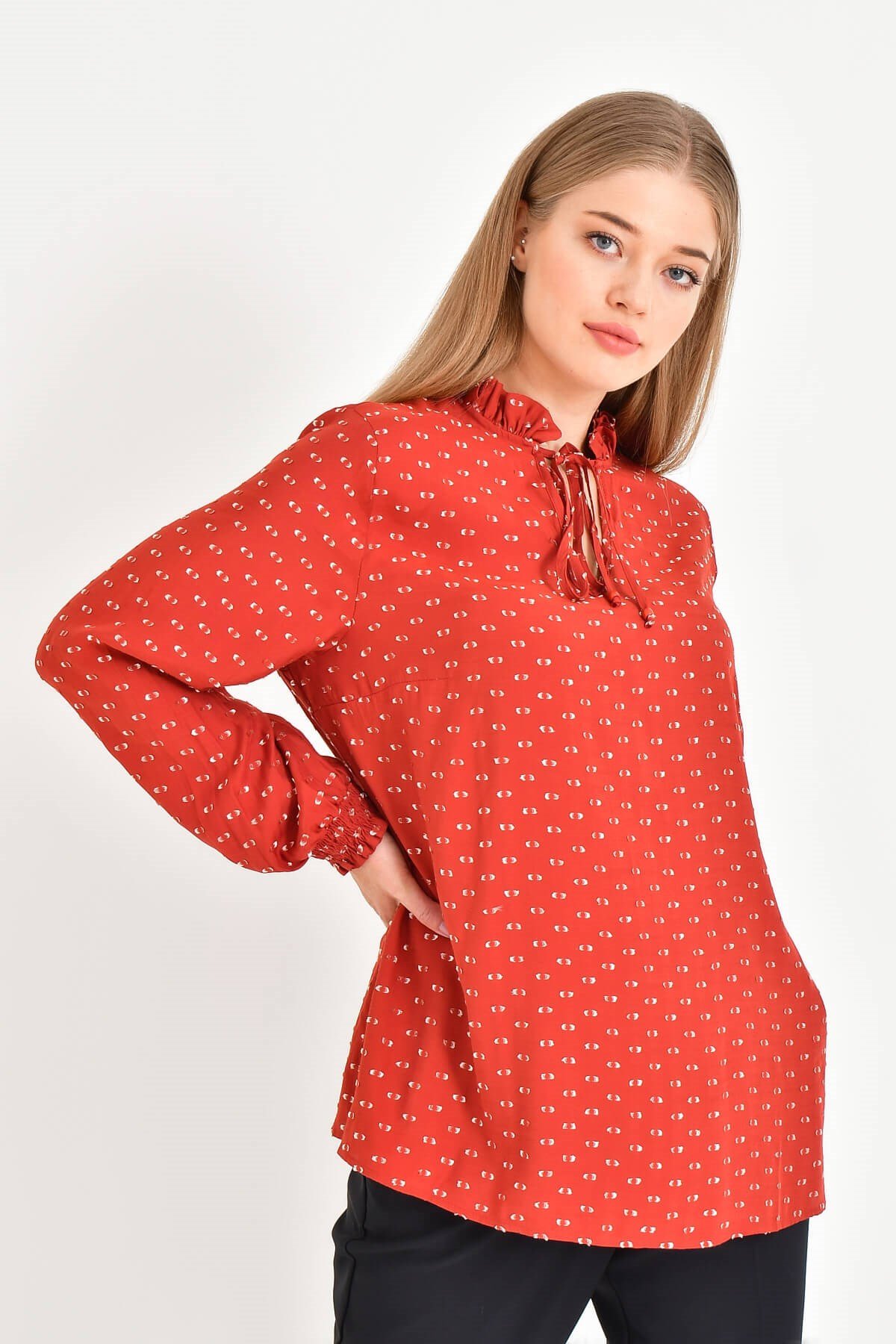 Myline-Simli Uzun Kollu Önü Bağcıklı Bluz-Büyük Beden Bluz-45474