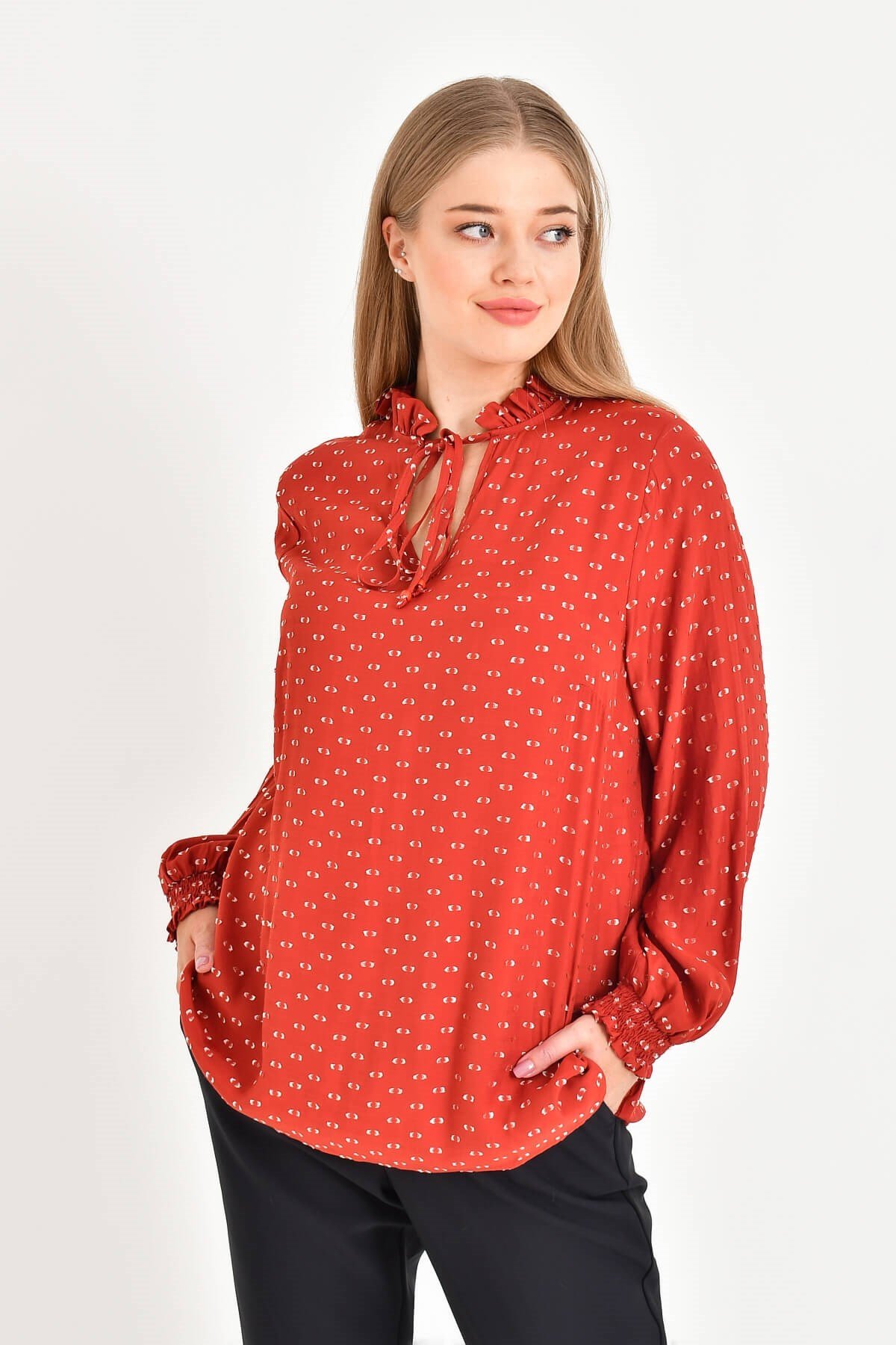 Myline-Simli Uzun Kollu Önü Bağcıklı Bluz-Büyük Beden Bluz-45474