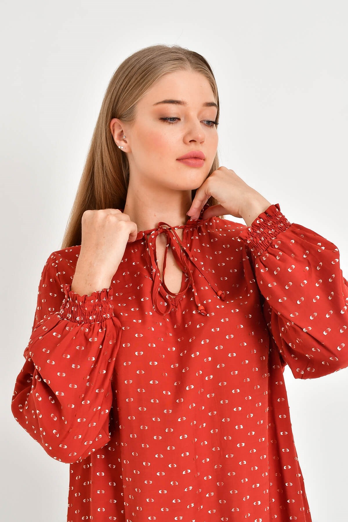 Myline-Simli Uzun Kollu Önü Bağcıklı Bluz-Büyük Beden Bluz-45474