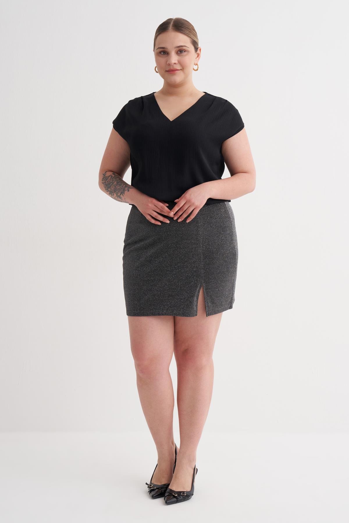 Myline-Simli Yırtmaçlı Mini Etek-Büyük Beden Etek-129023