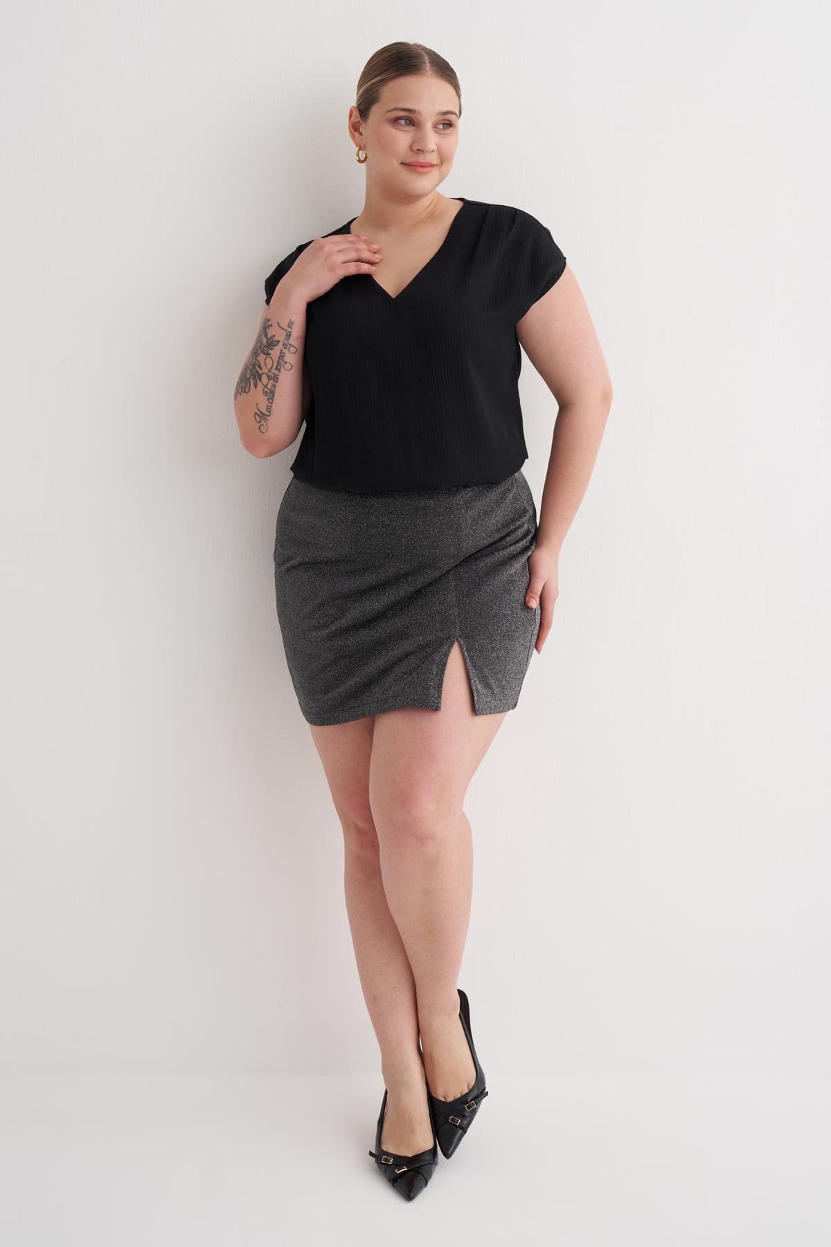 Myline-Simli Yırtmaçlı Mini Etek-Büyük Beden Etek-129023