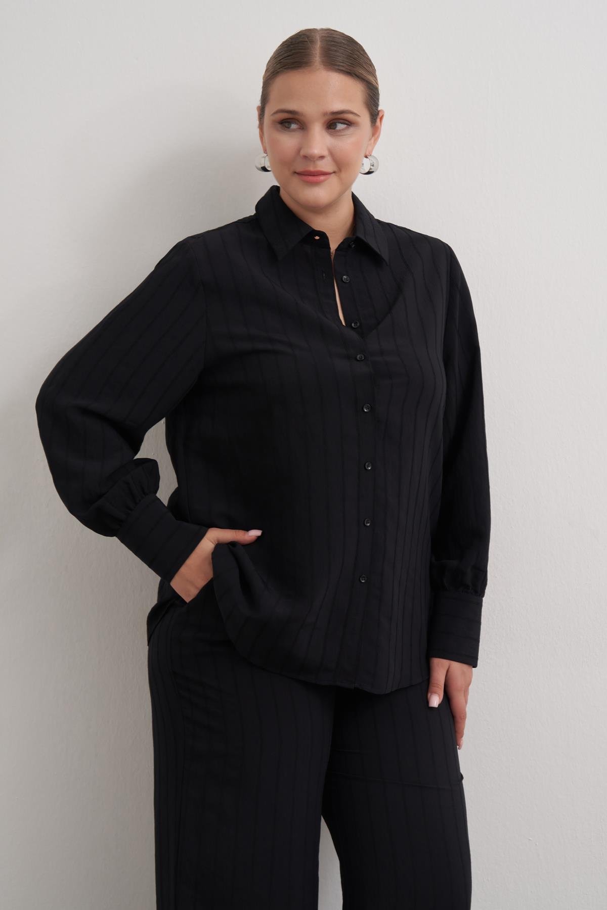 Myline-Sırtı Fiyonklu Çizgili Gömlek-Büyük Beden Gömlek-149538