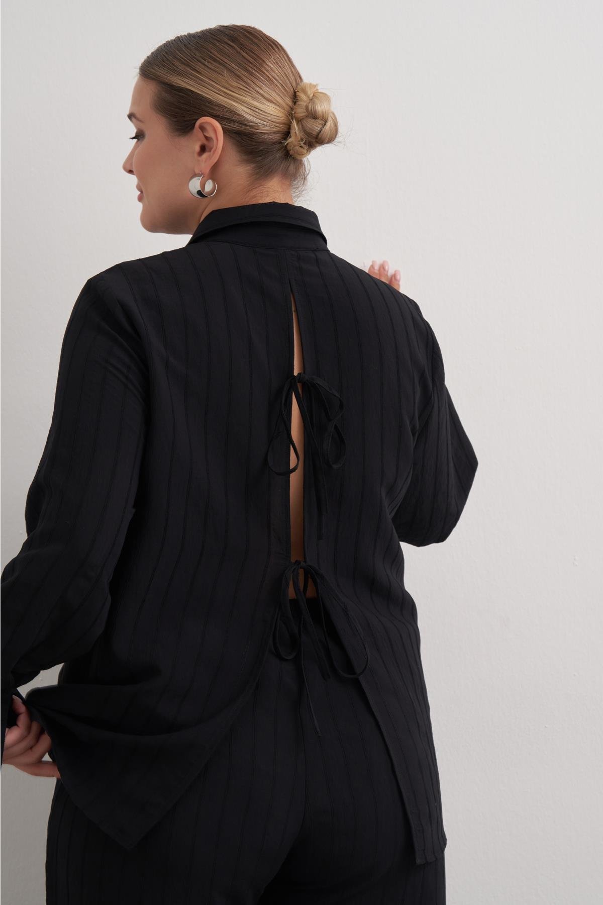 Myline-Sırtı Fiyonklu Çizgili Gömlek-Büyük Beden Gömlek-149538