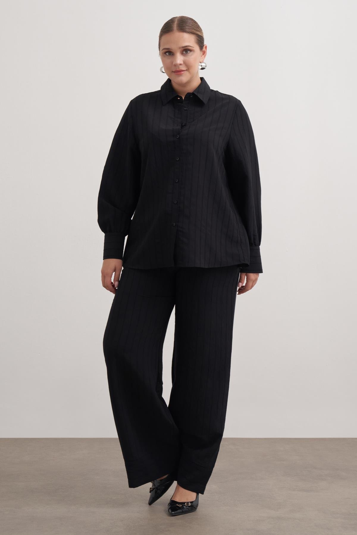 Myline-Sırtı Fiyonklu Çizgili Gömlek-Büyük Beden Gömlek-149538