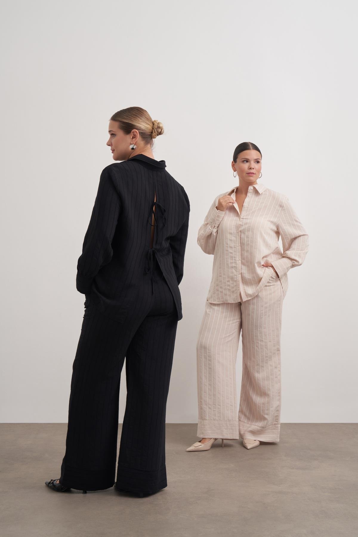 Myline-Sırtı Fiyonklu Çizgili Gömlek-Büyük Beden Gömlek-149538