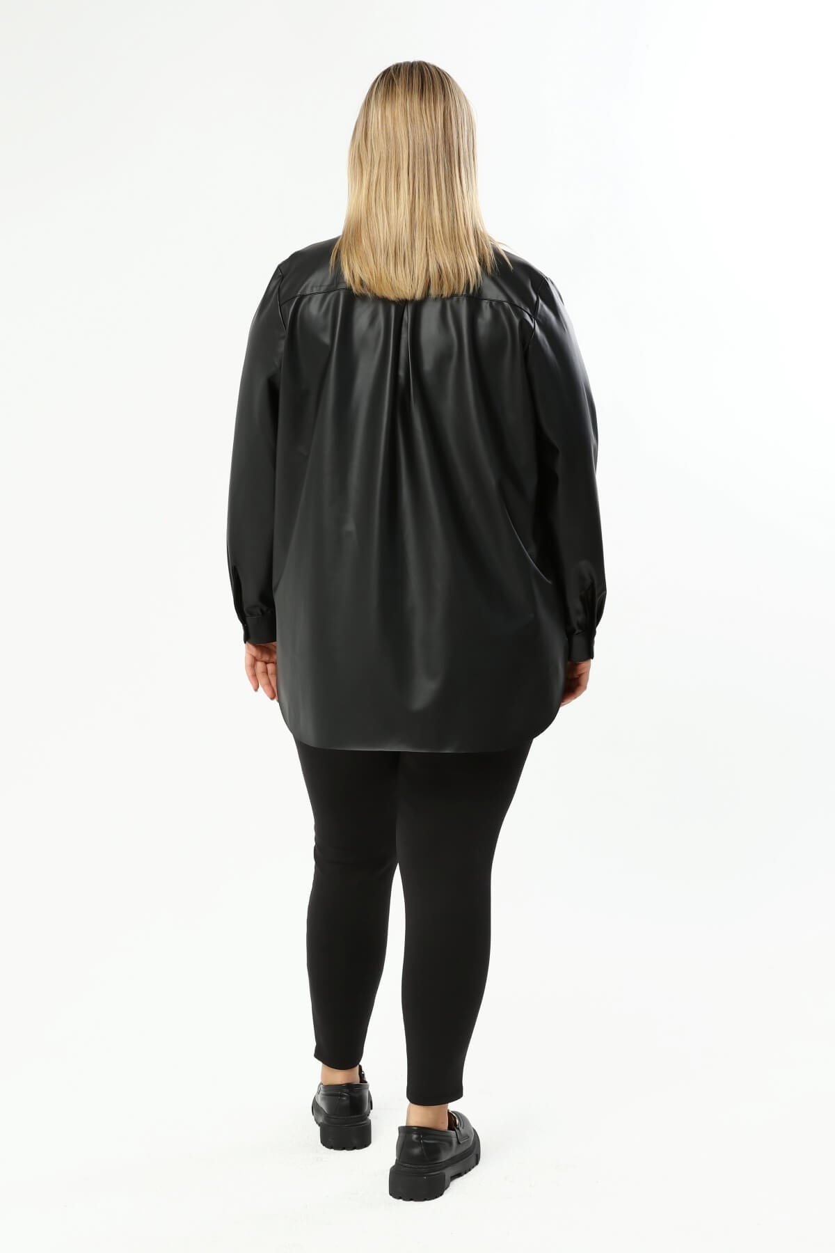 Myline-Suni Deri Kuşaklı Gömlek Ceket-Büyük Beden Ceket-77366