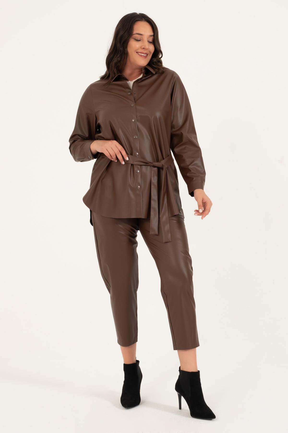 Myline-Suni Deri Kuşaklı Gömlek Ceket-Büyük Beden Ceket-128822