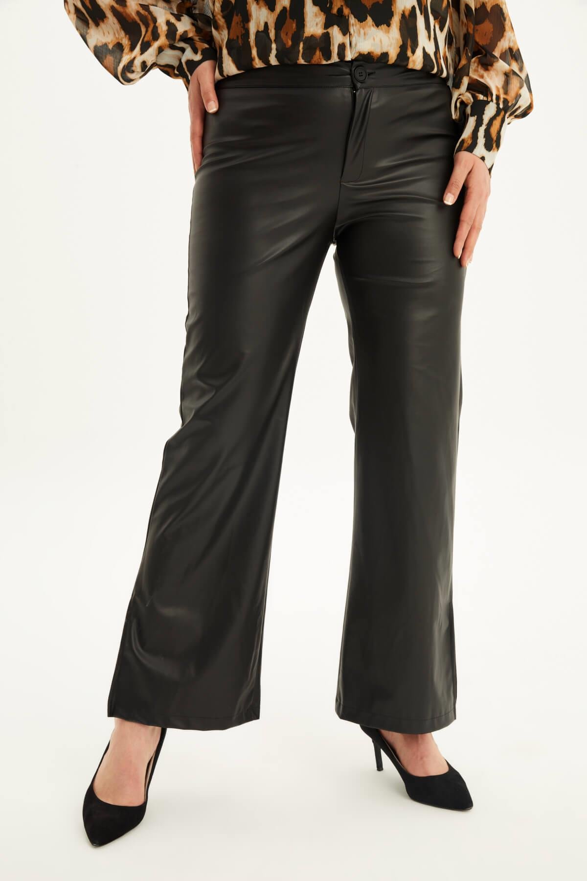 Myline-Suni Deri Yanı Yırtmaçlı Pantolon-Büyük Beden Pantolon-118388