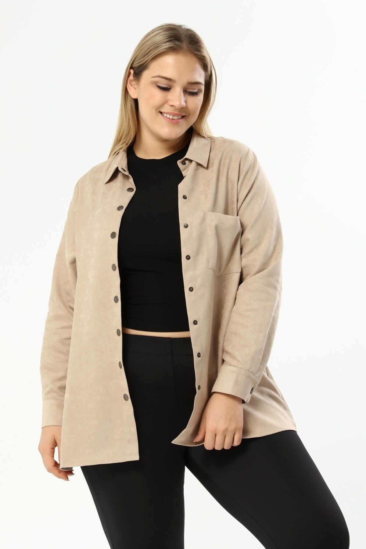 Myline-Suni Süet İnce Gömlek Ceket-Büyük Beden Ceket-77258