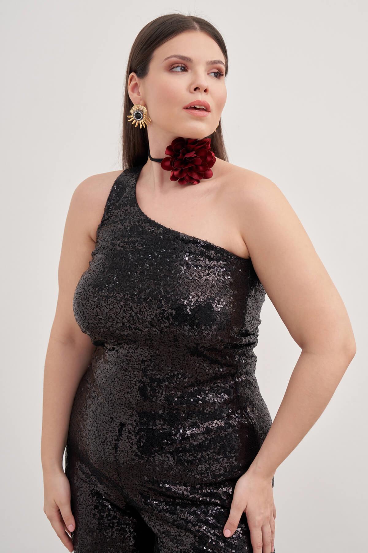 Myline-Tek Omuz Astarlı Payetli Top-Büyük Beden Tişört-139210