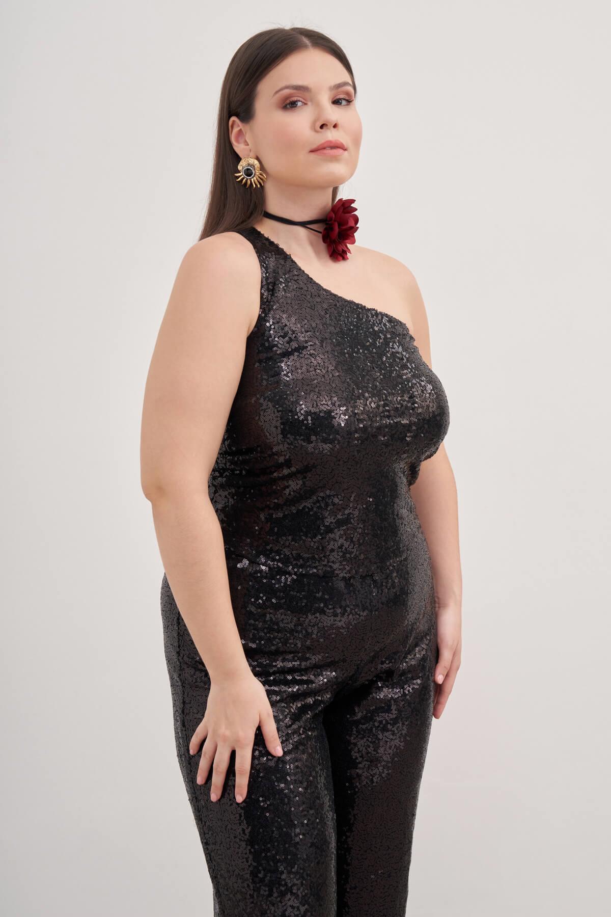 Myline-Tek Omuz Astarlı Payetli Top-Büyük Beden Tişört-139210