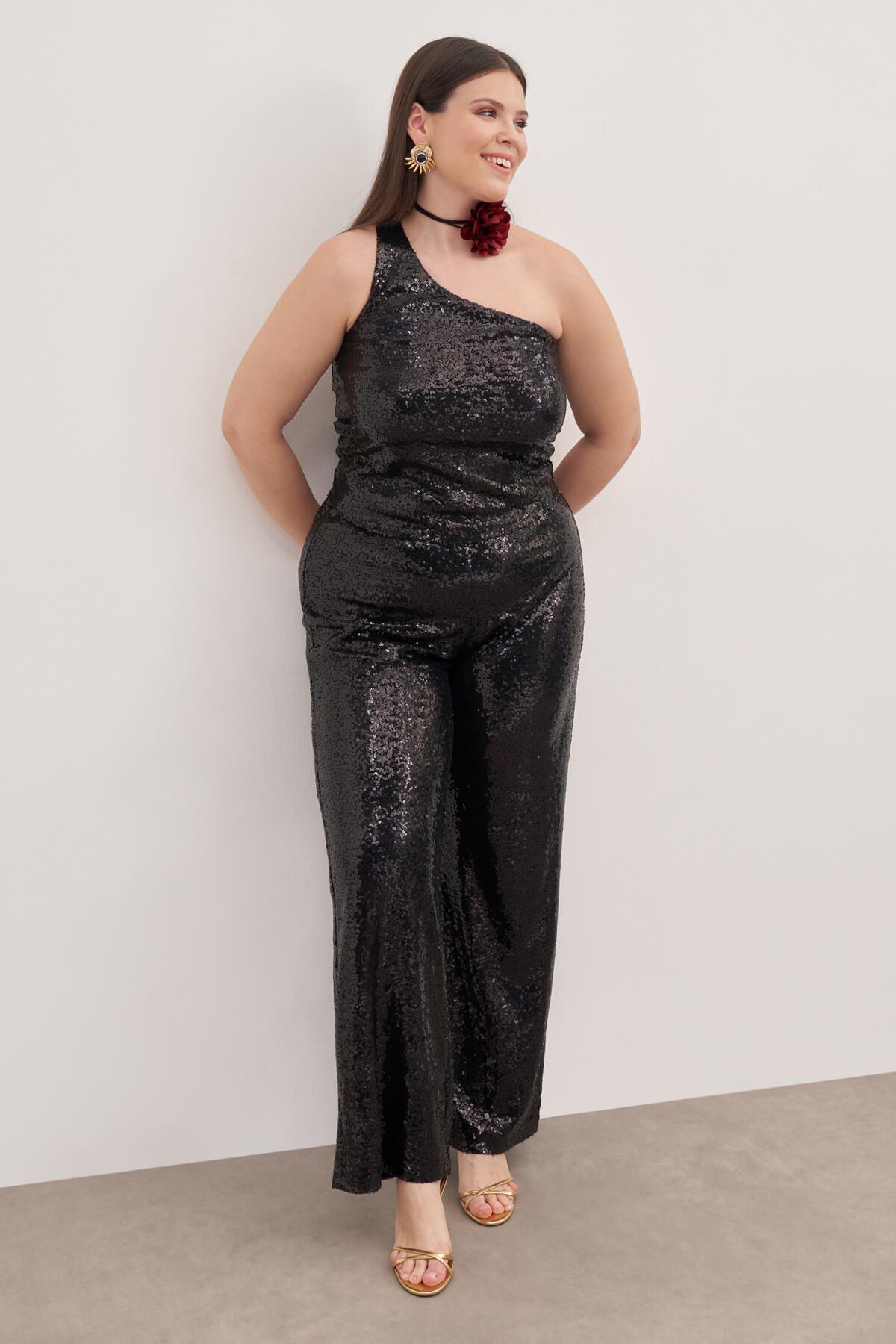 Myline-Tek Omuz Astarlı Payetli Top-Büyük Beden Tişört-139210