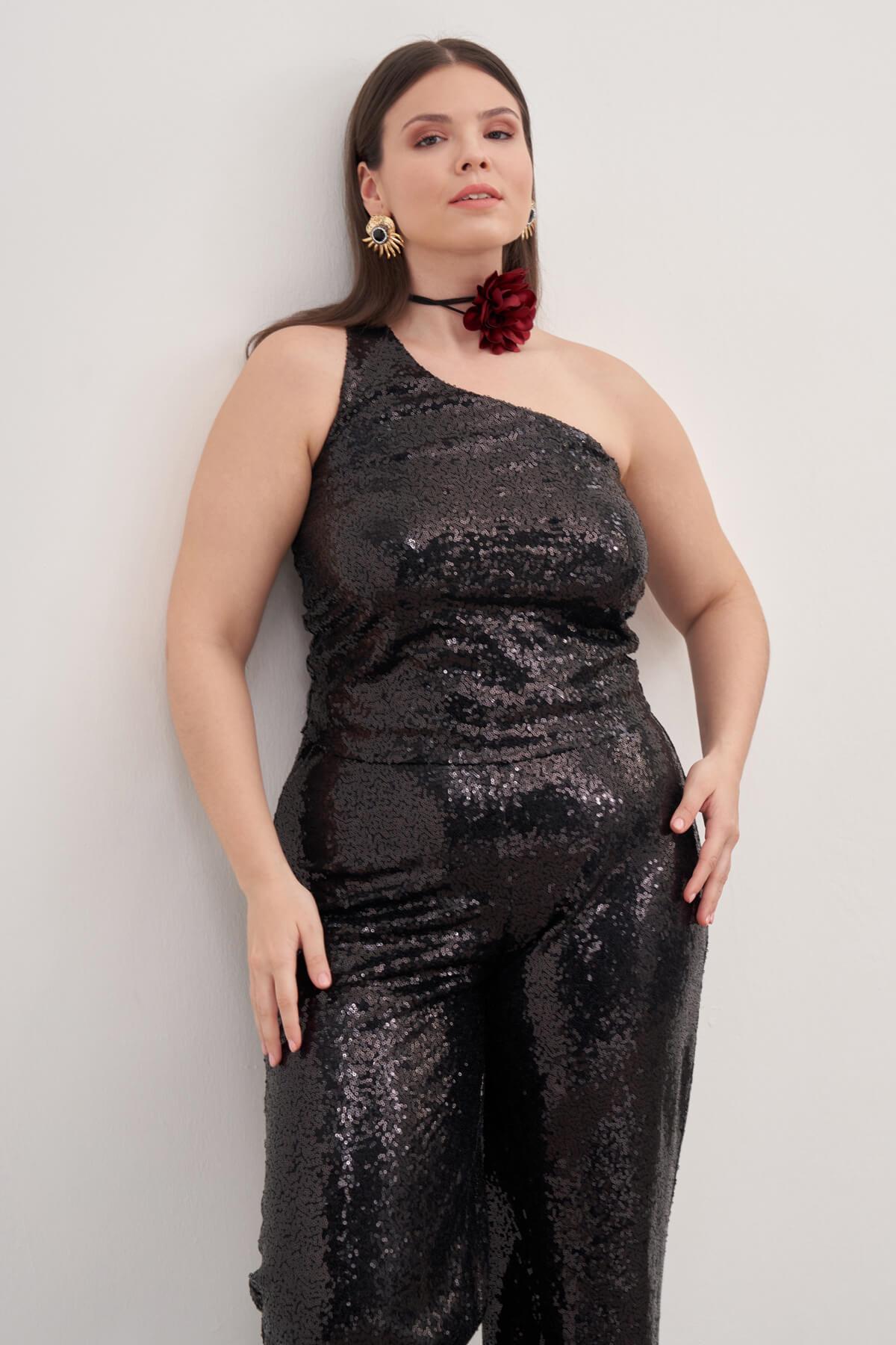 Myline-Tek Omuz Astarlı Payetli Top-Büyük Beden Tişört-139210