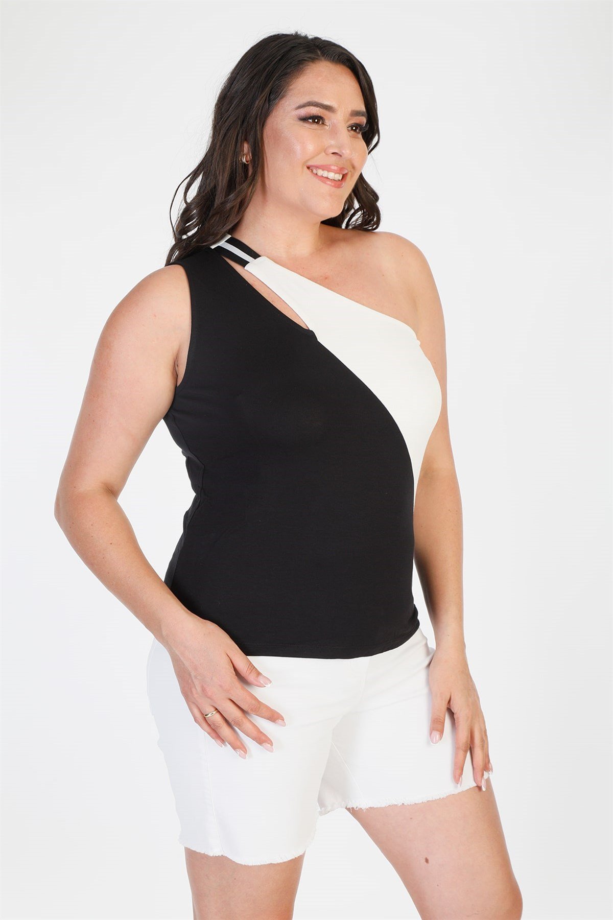 Myline-Tek Omuz Crop Top-Büyük Beden Tişört-66577