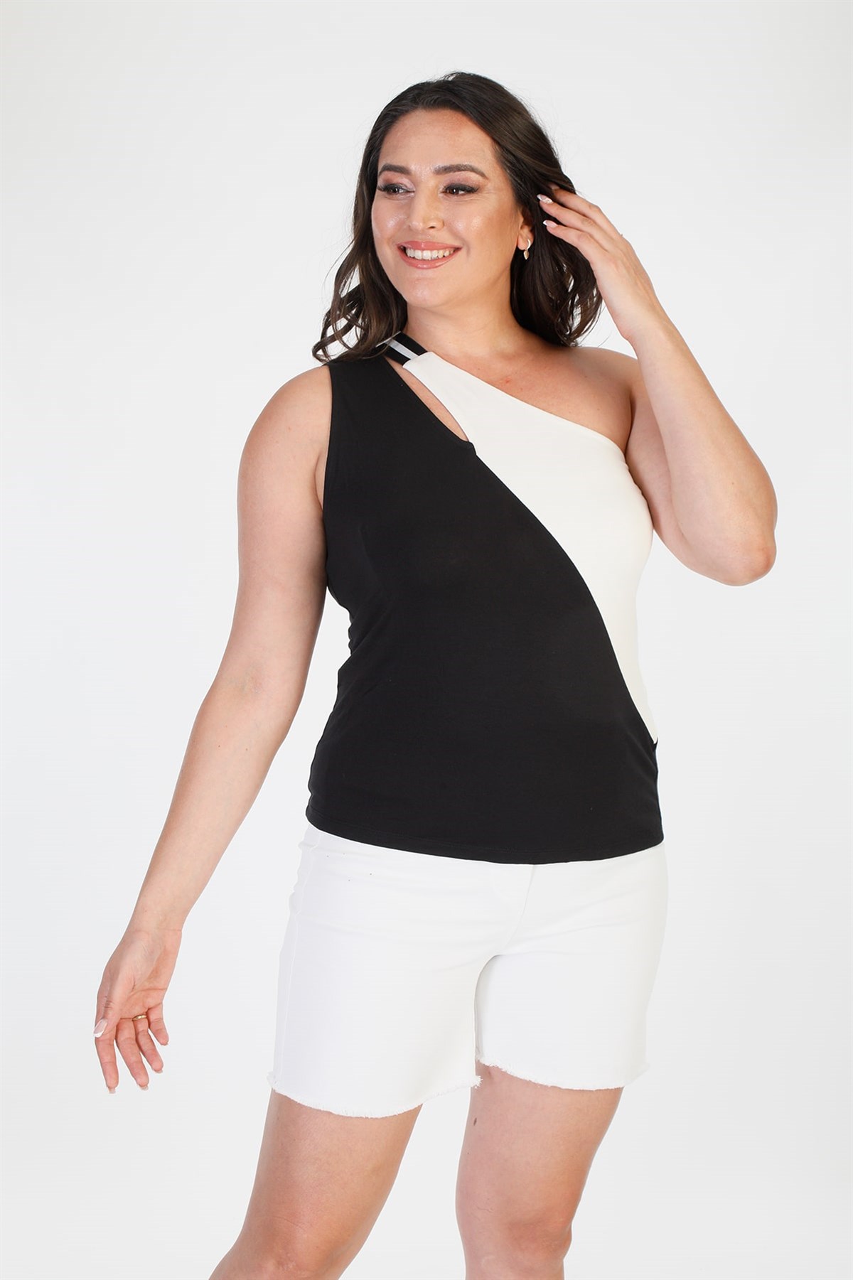 Myline-Tek Omuz Crop Top-Büyük Beden Tişört-66577