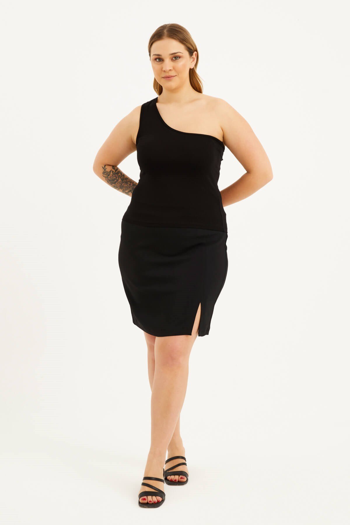 Myline-Tek Omuz Crop Top-Büyük Beden Tişört-77486