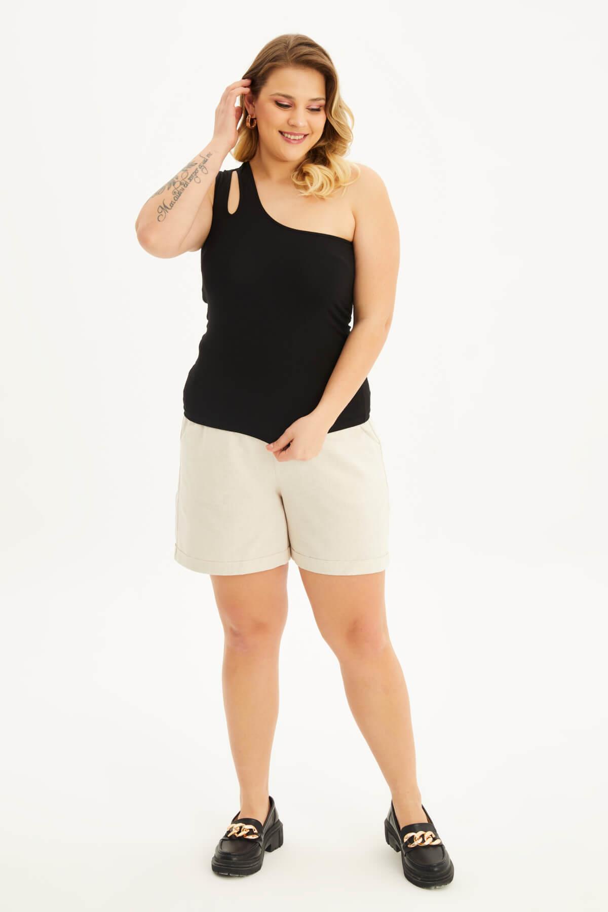 Myline-Tek Omuz Pencere Detay Top-Büyük Beden Tişört-118475