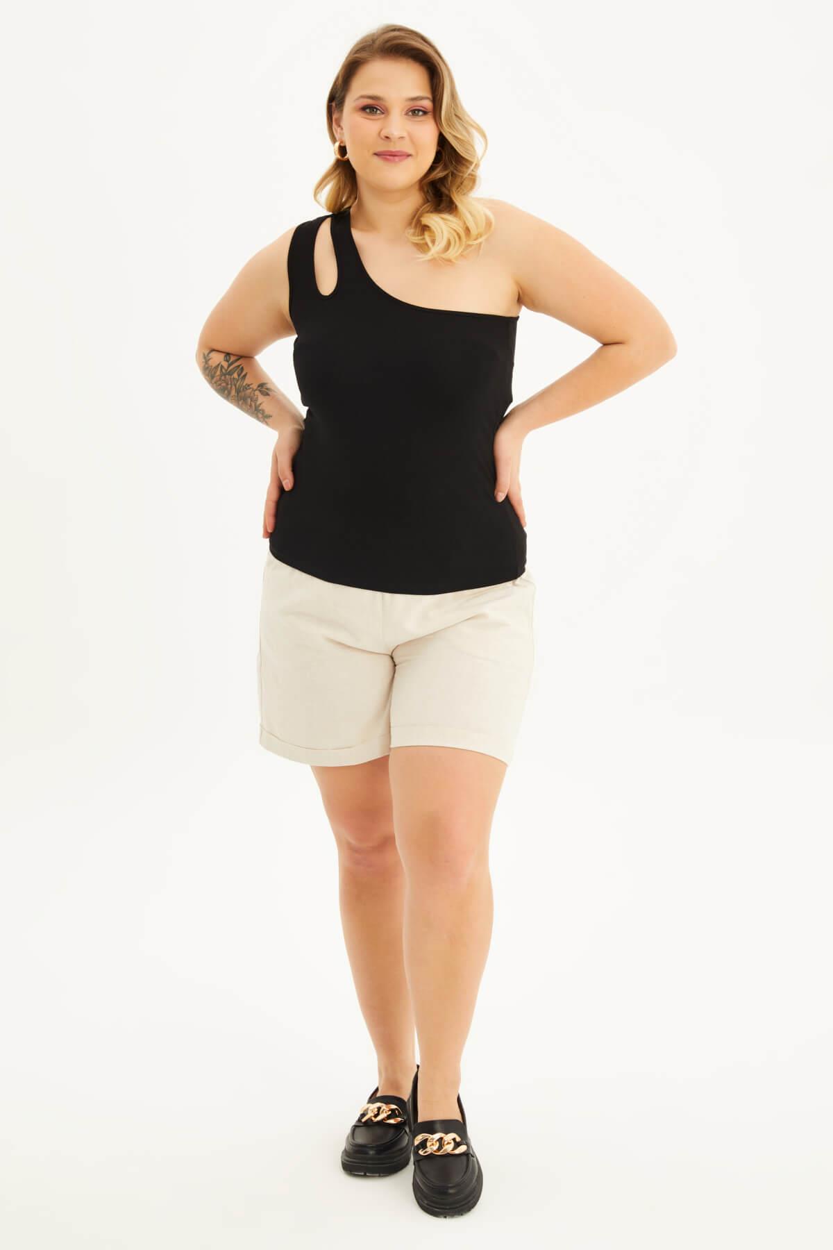 Myline-Tek Omuz Pencere Detay Top-Büyük Beden Tişört-118475