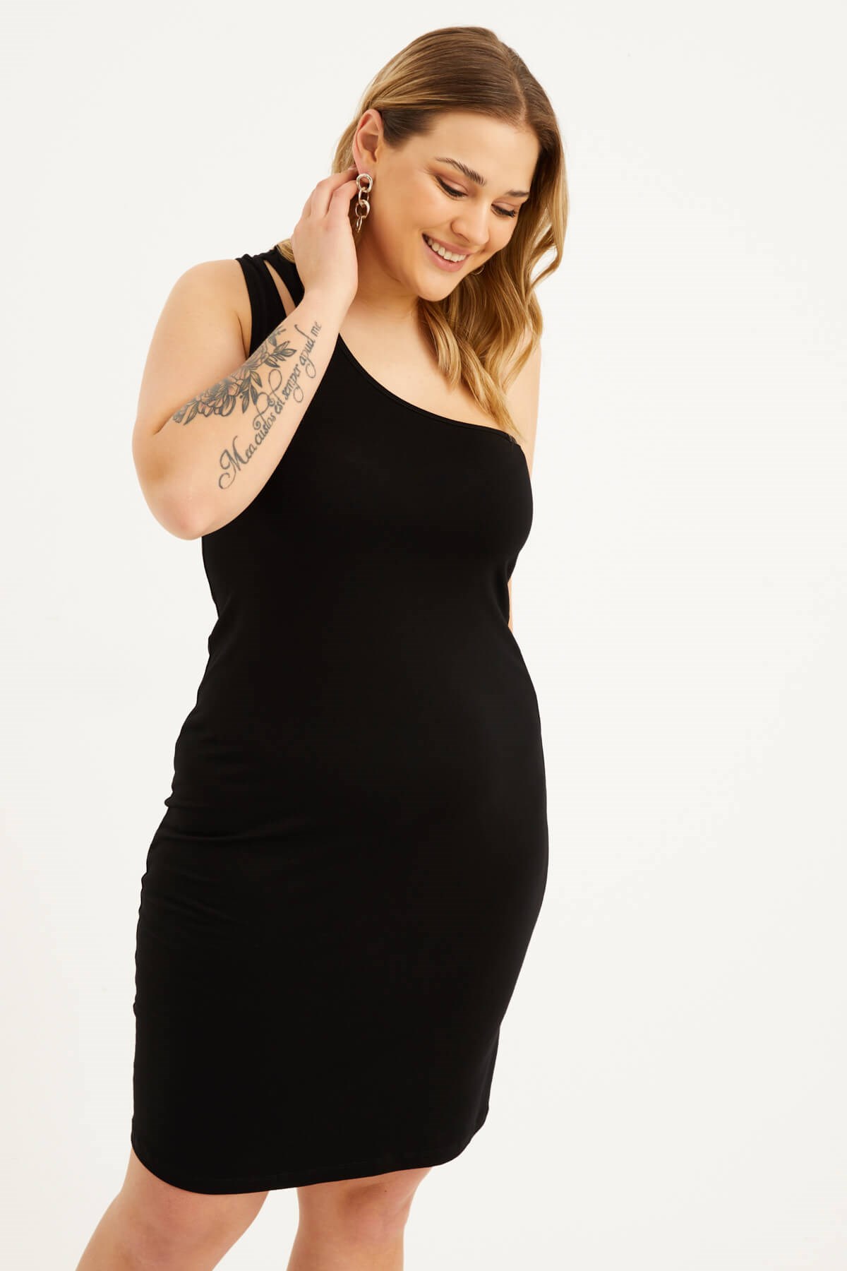 Myline-Tek Omuz Pencere Detaylı Elbise-Büyük Beden Günlük Elbiseler-77499