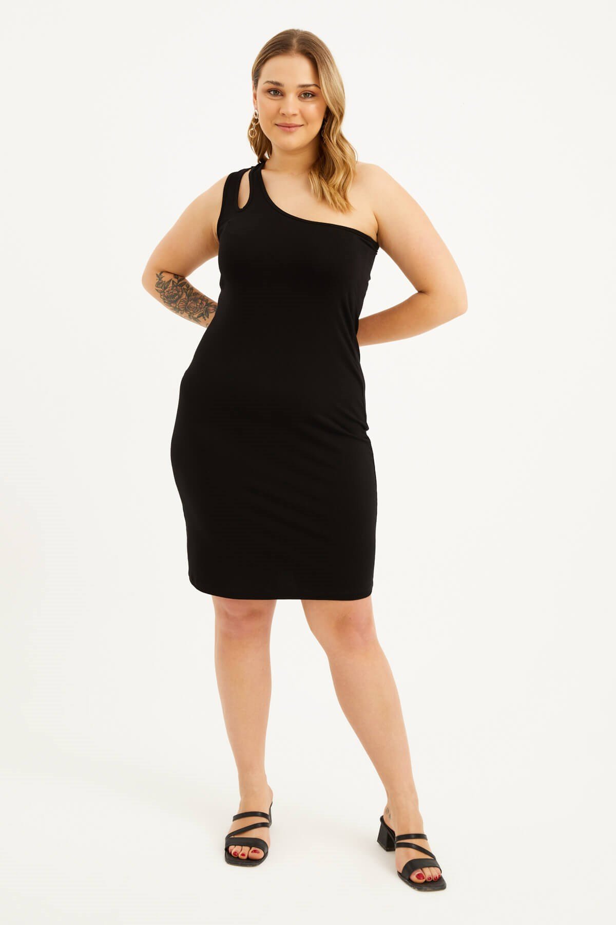 Myline-Tek Omuz Pencere Detaylı Elbise-Büyük Beden Günlük Elbiseler-77499