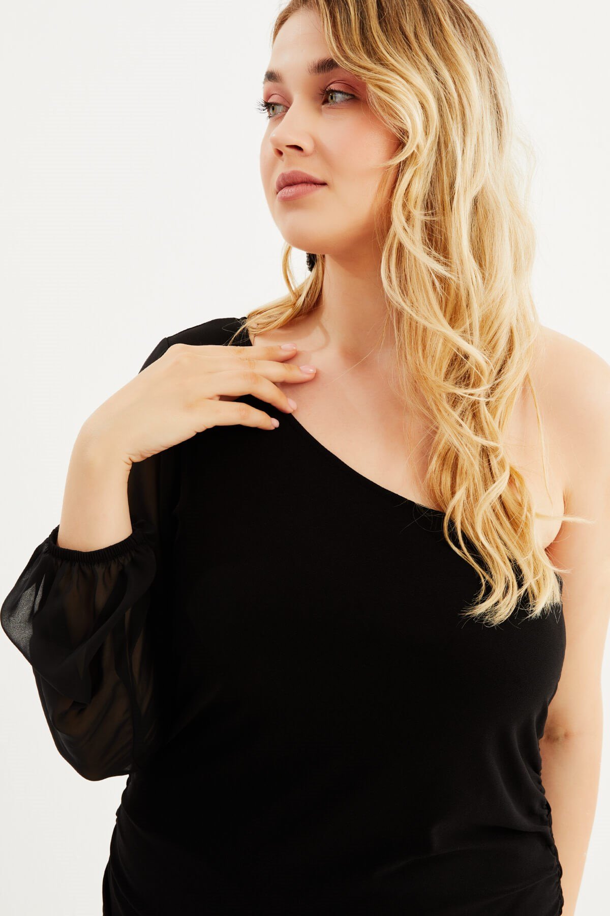 Myline-Tek Omuz Şifon Detaylı Büzgülü Elbise-Büyük Beden Abiye Elbise-88019