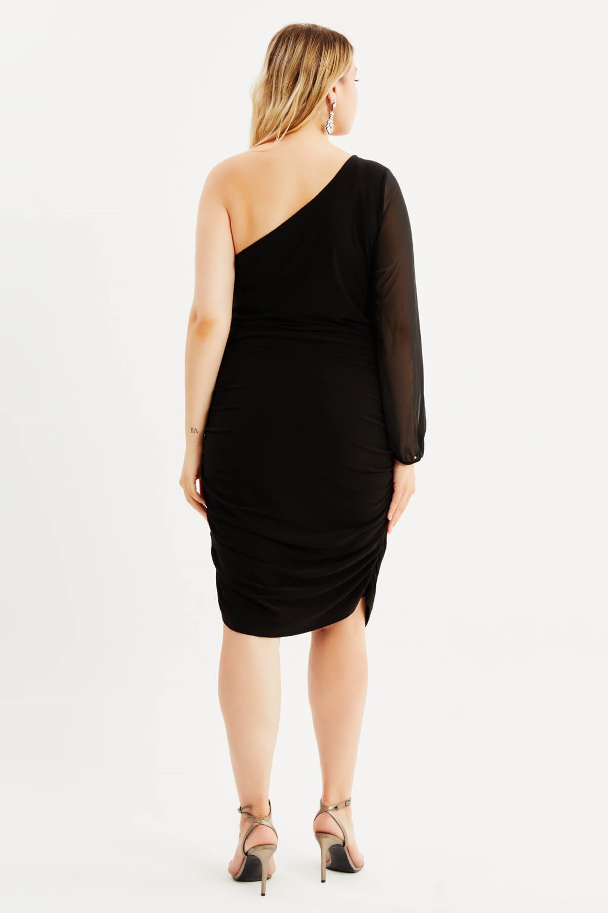 Myline-Tek Omuz Şifon Detaylı Büzgülü Elbise-Büyük Beden Abiye Elbise-88019