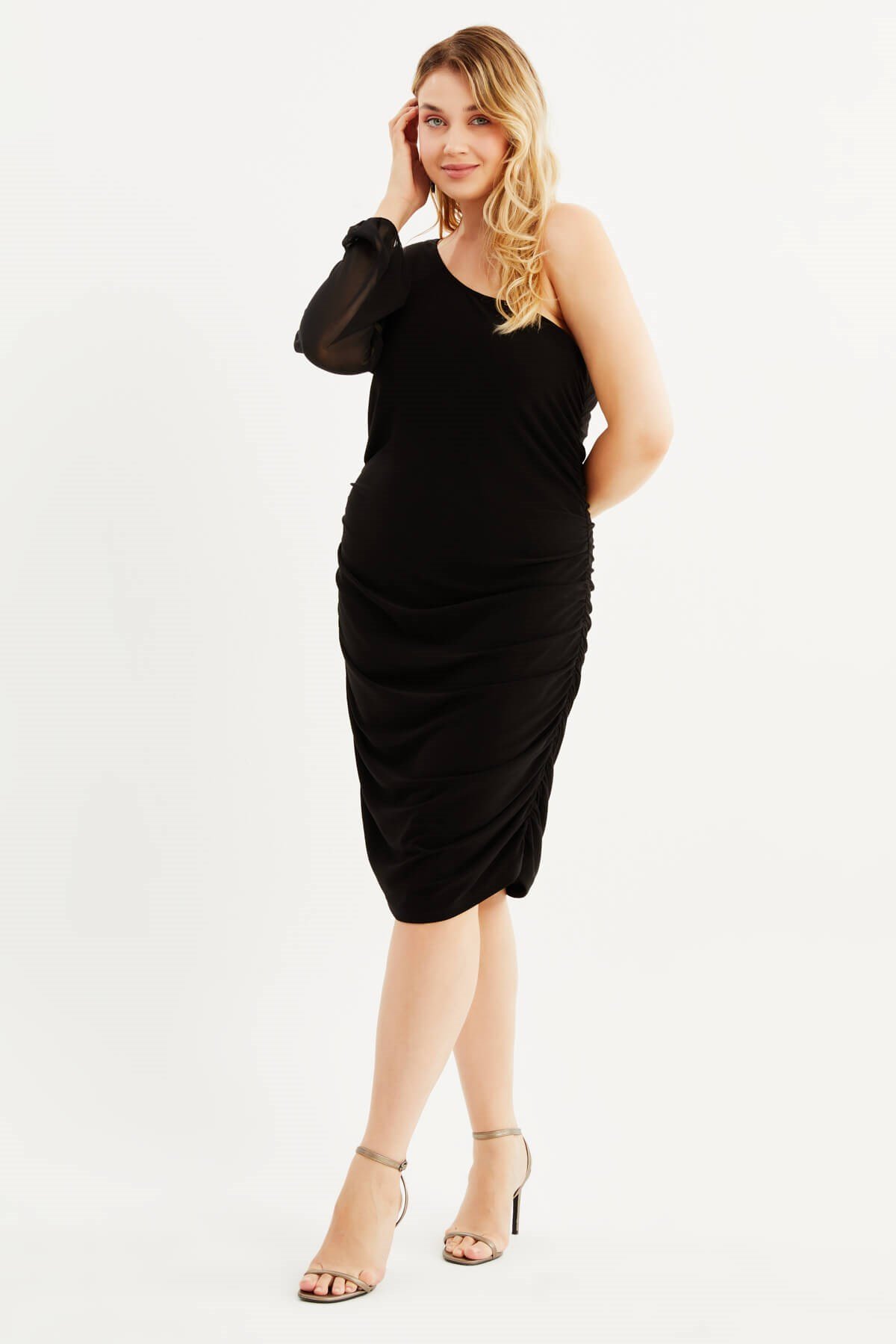 Myline-Tek Omuz Şifon Detaylı Büzgülü Elbise-Büyük Beden Abiye Elbise-88019