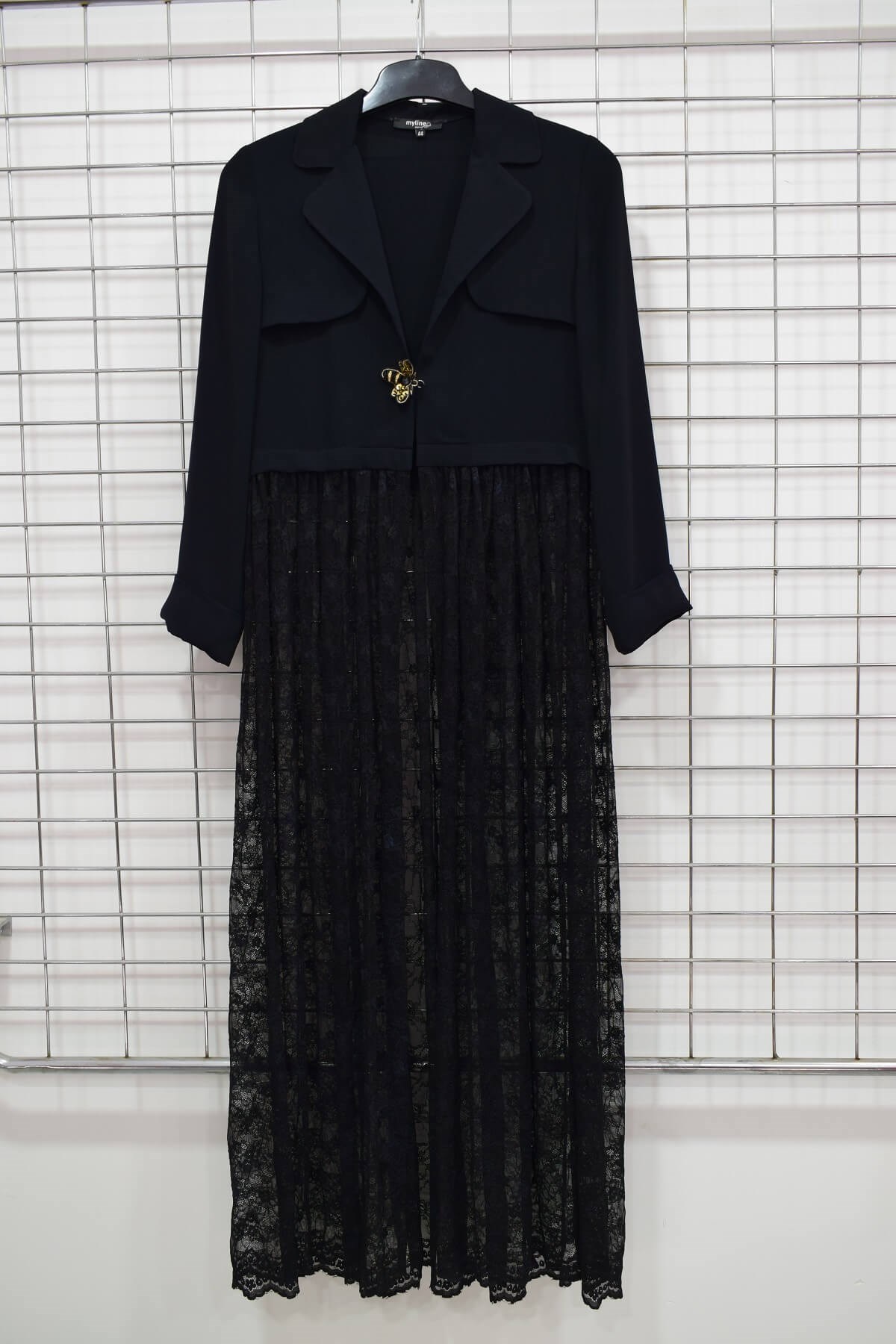 Myline-Tül Detaylı Uzun Ceket-Büyük Beden Ceket-56240