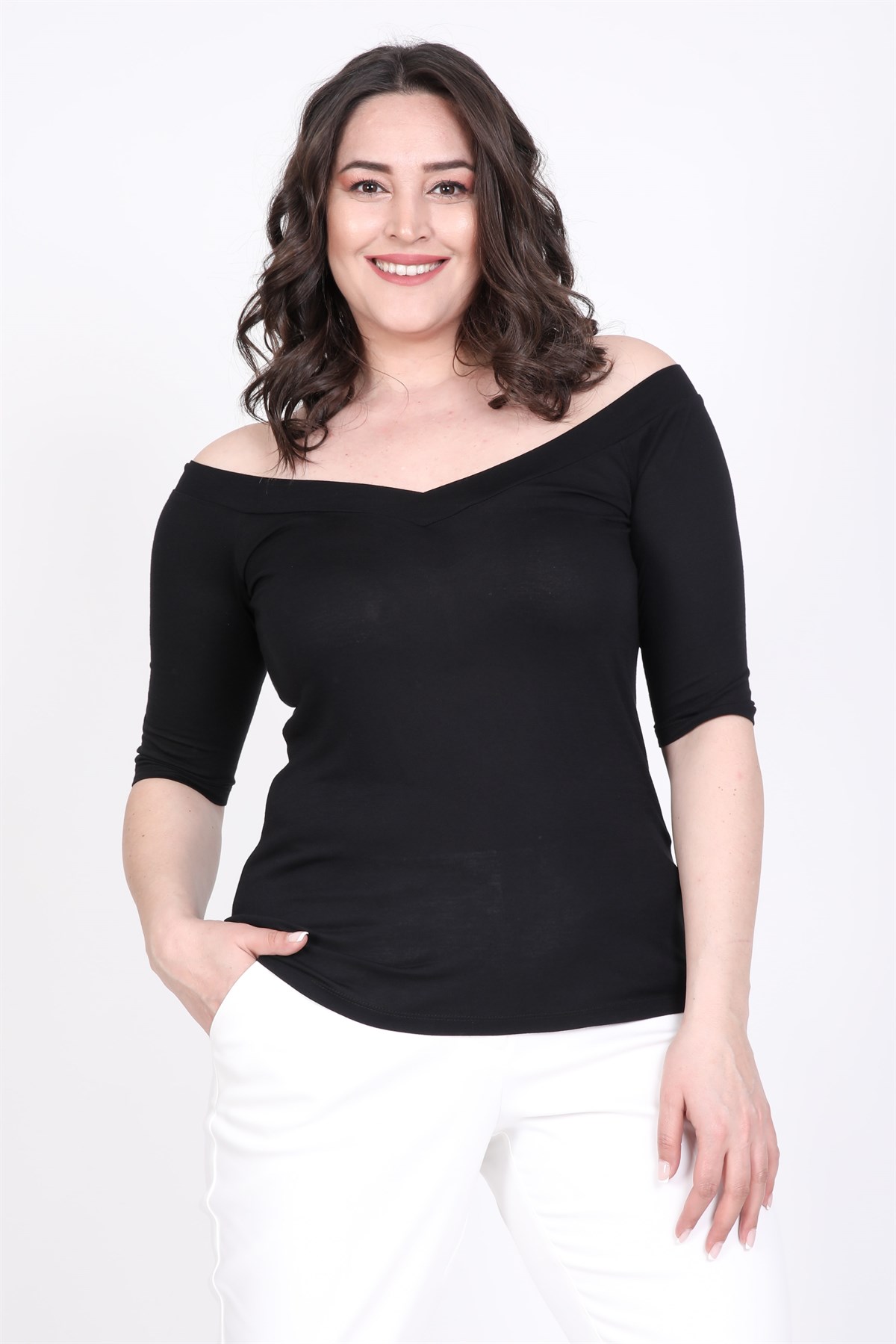Myline-Üst Üste Gelen Karmen Yaka Bluz-Büyük Beden Bluz-35306