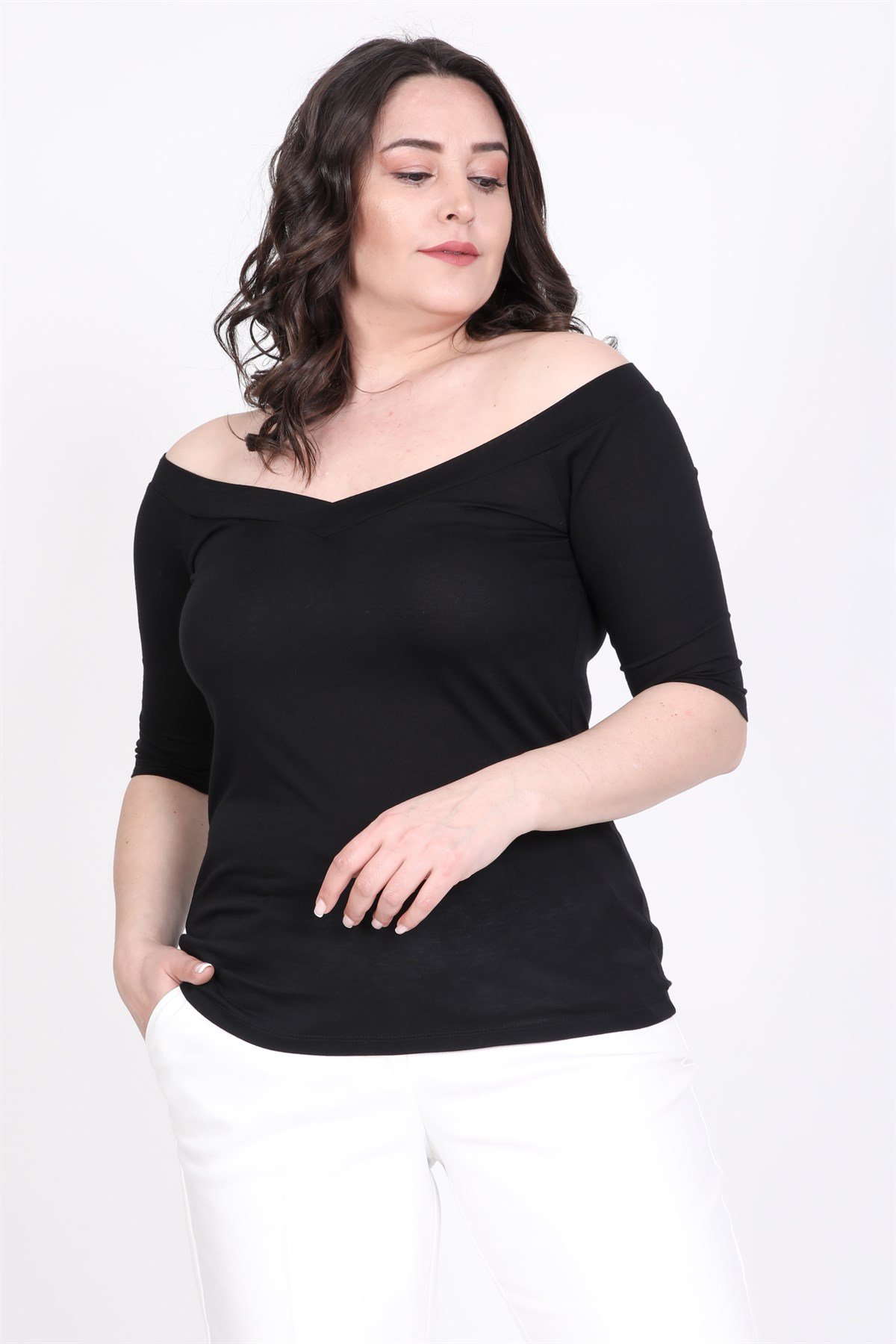 Myline-Üst Üste Gelen Karmen Yaka Bluz-Büyük Beden Bluz-35306