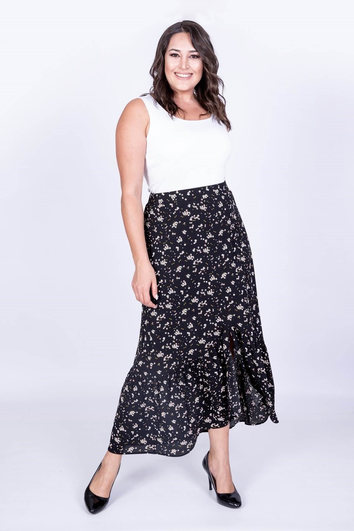 Myline-Uzun Fırfır Detaylı Etek-Büyük Beden Etek-35019