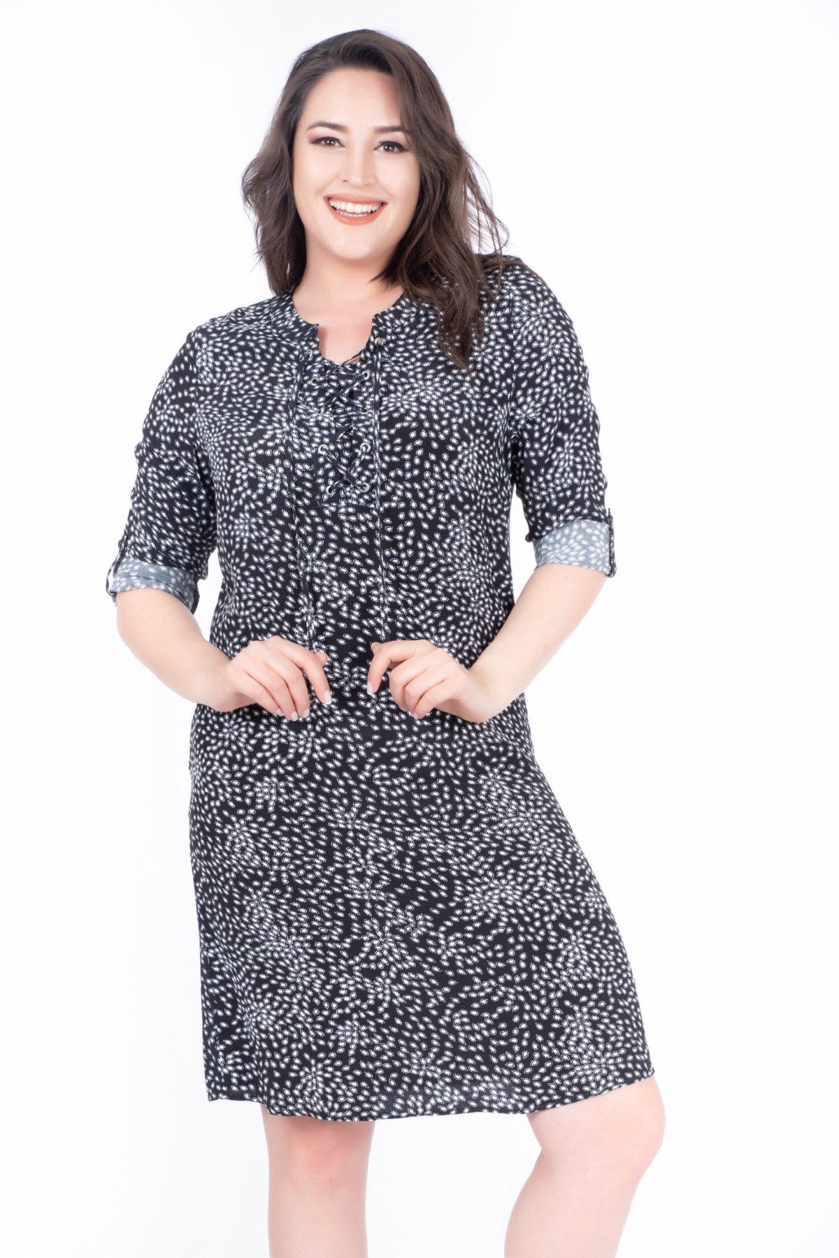 Myline-Uzun Kollu Damla Desenli Maroken Elbise-Büyük Beden Günlük Elbiseler-23469-m