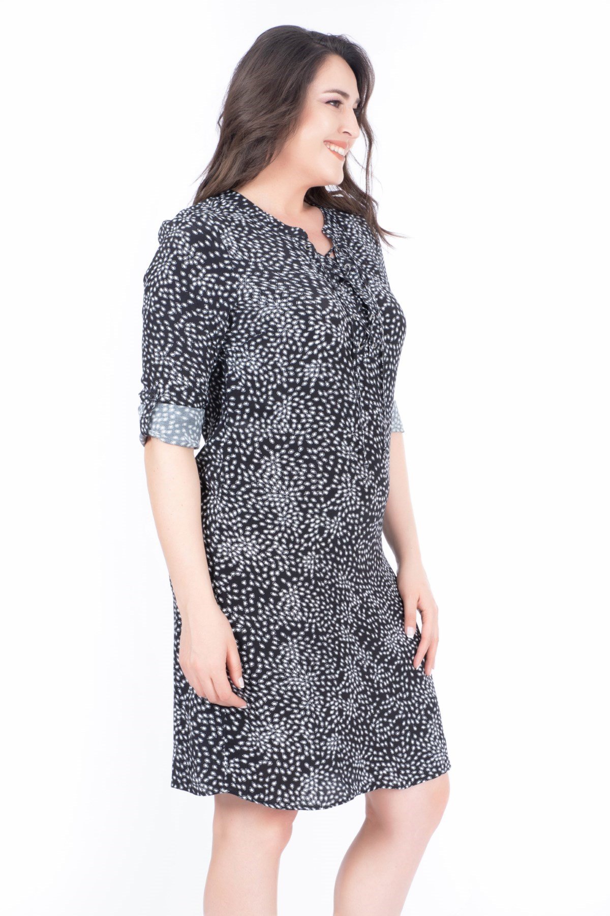 Myline-Uzun Kollu Damla Desenli Maroken Elbise-Büyük Beden Günlük Elbiseler-23469-m